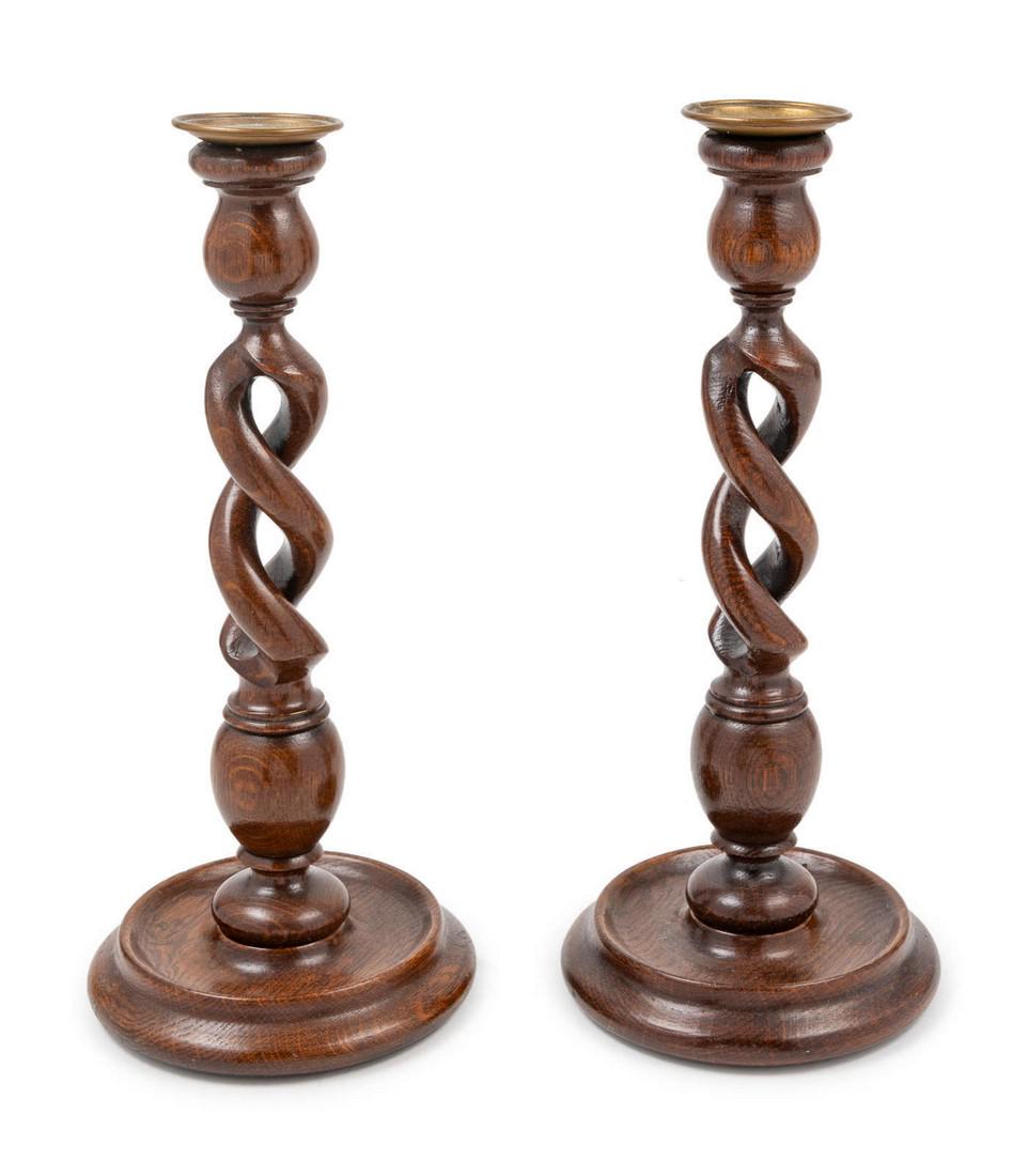 A Pair of English Turned Oak Candlesticks Heig (1 of 1)