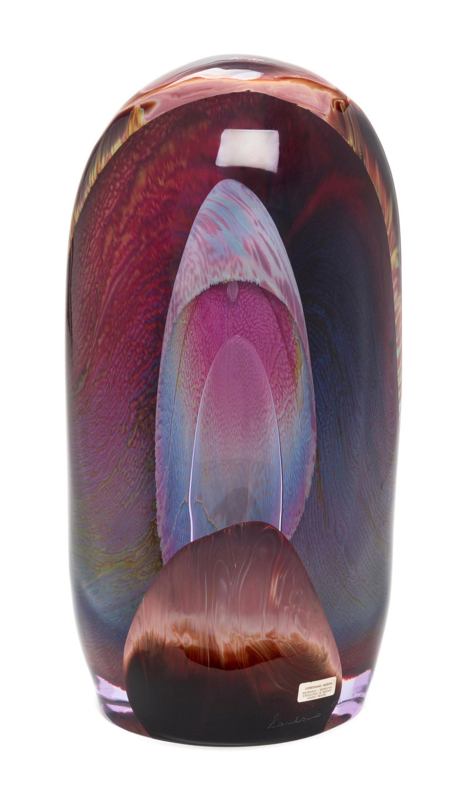 Loredano Rosin (Italian, 1936-1991) Ciottol: Loredano Rosin (Italian, 1936-1991) Ciottolo Alessandrite, Late 20th Century hand-sculpted Alexandrite and Chalcedony glass etched signature with paper labels Height 17 x width 8 x depth 4 1/2 inches.