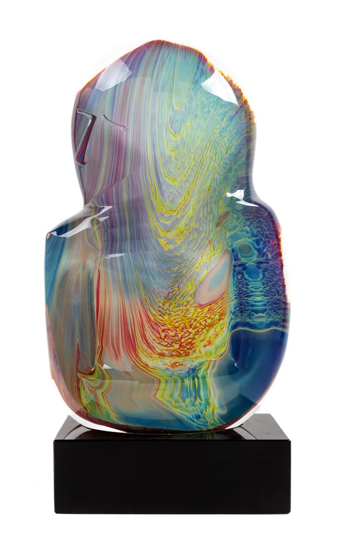 Loredano Rosin (Italian, 1936-1991) Il Pens: Loredano Rosin (Italian, 1936-1991) Il Pensatore, Late 20th Century hand-sculpted crystal and Chalcedony glass, black glass base etched signature with paper labels Height 18 1/2 x width 10 x depth 4 1