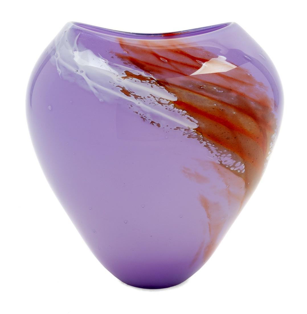 Steve Hoorigan (American, 20th Century) Pur: Steve Hoorigan (American, 20th Century) Purple Art Glass Vase Height 6 x width 5 1/2 depth 5 inches. Origin: Property from the Collection of Audrey A. Mann, Milwaukee, Wisconsin