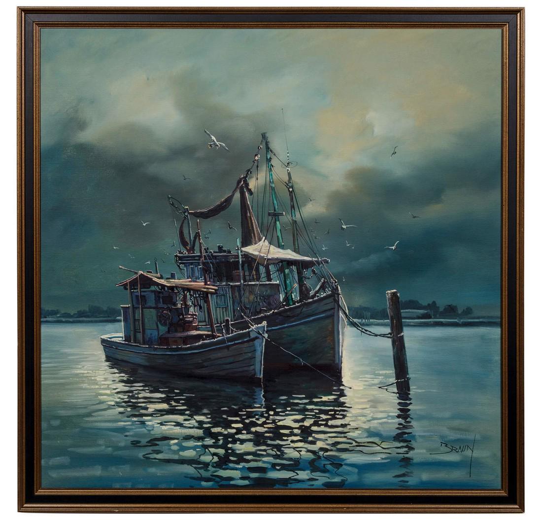 Jorge Braun Tarallo(Uruguayan, b. 1951)Fishing Bo: Jorge Braun Tarallo(Uruguayan, b. 1951)Fishing Boatoil on canvassigned J Braun (lower right)Sight: 35 3/4 x 35 3/4 inches.