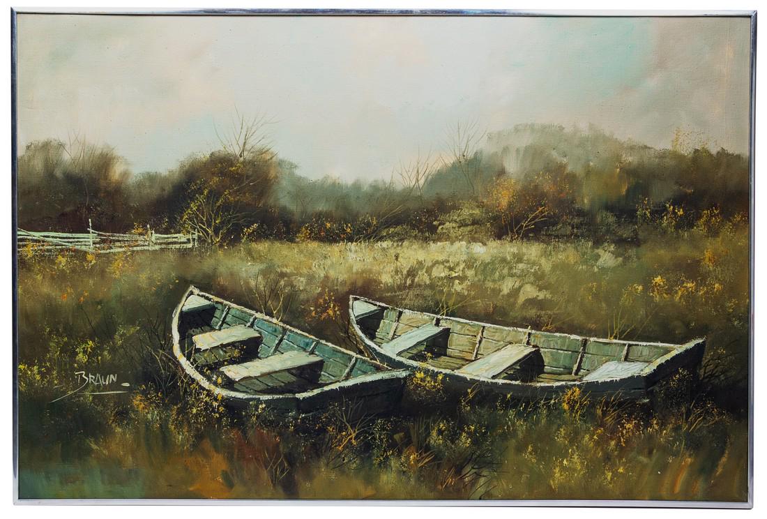 Jorge Braun Tarallo(Uruguayan, b. 1951)Two Row Bo: Jorge Braun Tarallo(Uruguayan, b. 1951)Two Row Boatsoil on canvassigned Braun (lower left)Sight: 23 3/4 x 35 3/4 inches.