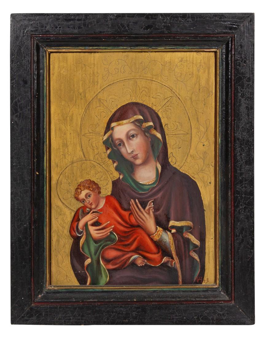 Artist Unknown 20TH CENTURY Madonna and Ch: Artist Unknown 20TH CENTURY Madonna and Child oil on board 13 3/4 x 9 1/2 inches. Origin: Property from the Margaret A. Cooper Trust, Evanston, Illinois, sold to benefit St. Jude Children's Research H