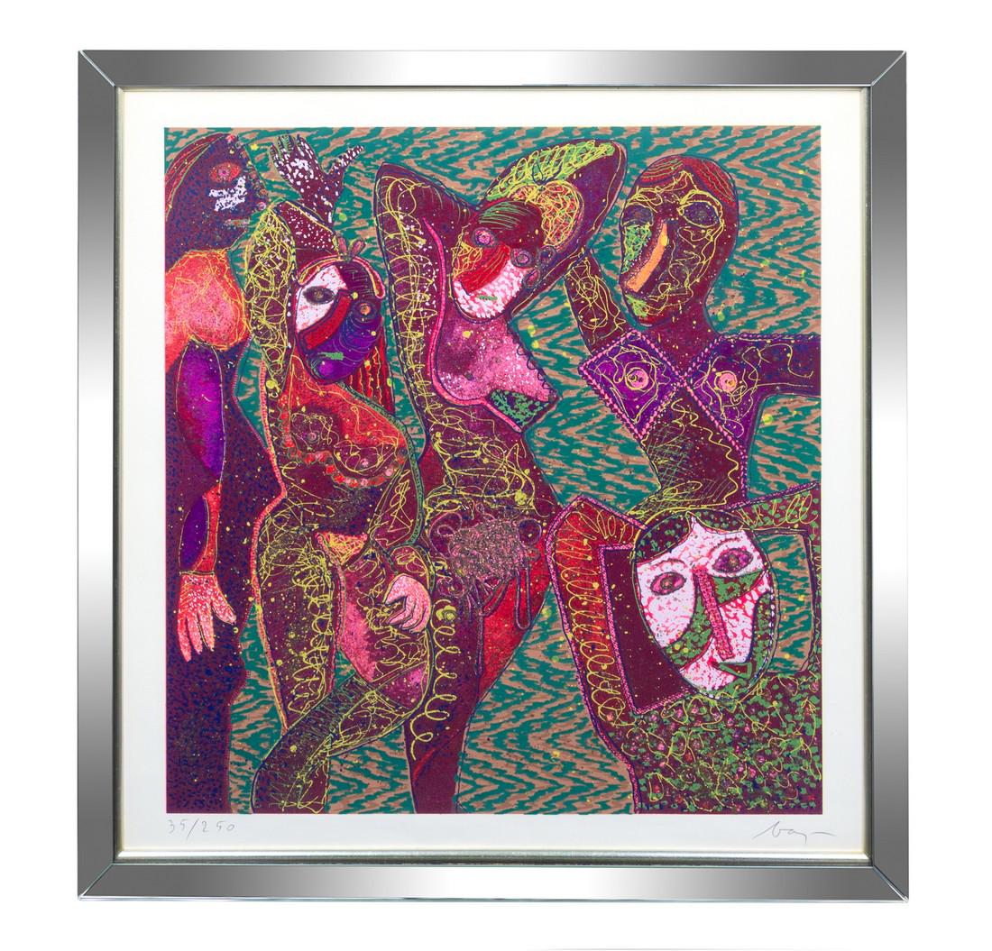 Enrico Baj (Italian, 1924-2003) Les Demois: Enrico Baj (Italian, 1924-2003) Les Demoiselles d'Avignon lithograph with glitter and felt 24 x 23 inches.