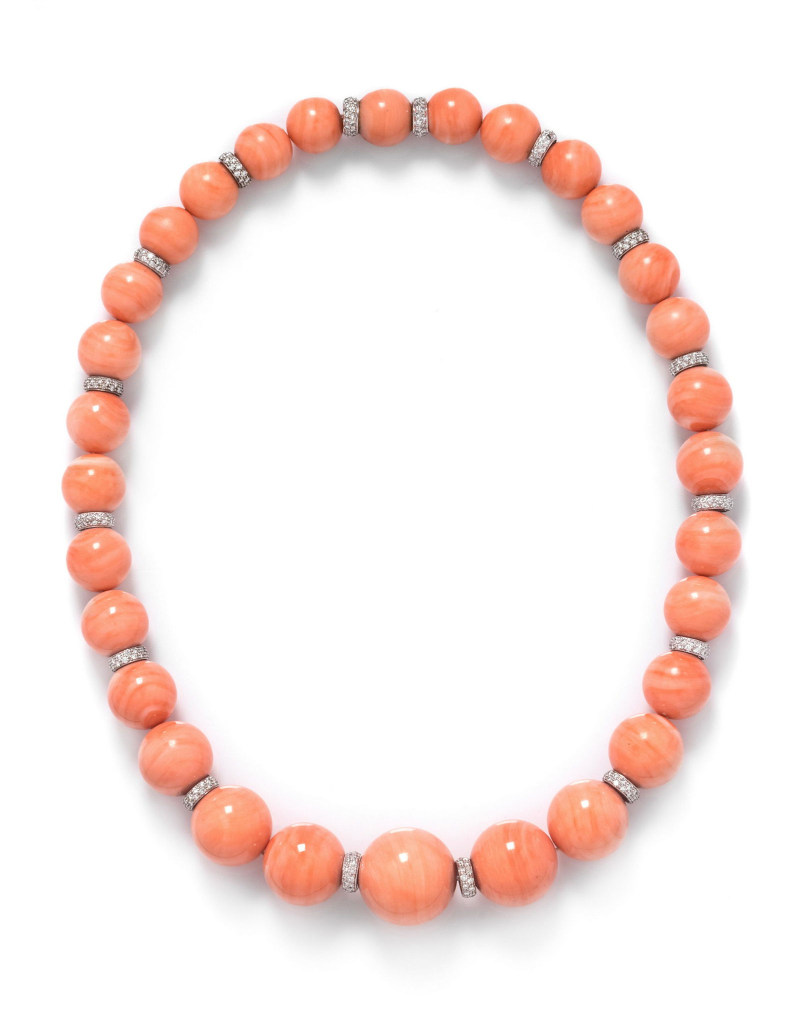 A White Gold, Diamond and Coral Bead Necklace, (1 of 1)