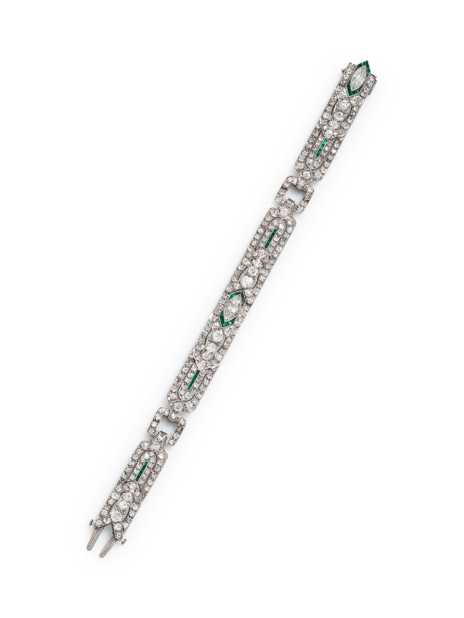 An Art Deco Platinum, Diamond and Emerald Bracelet, (1 of 1)