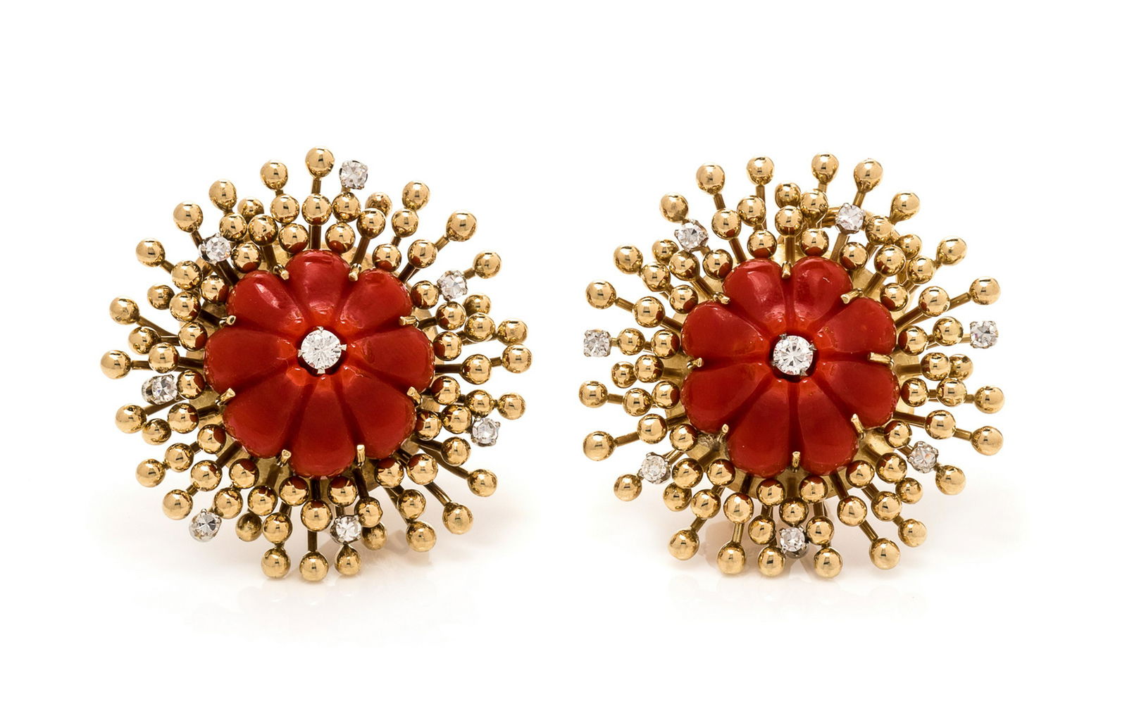 A Pair of 18 Karat Yellow Gold, Coral and Diamond (1 of 1)