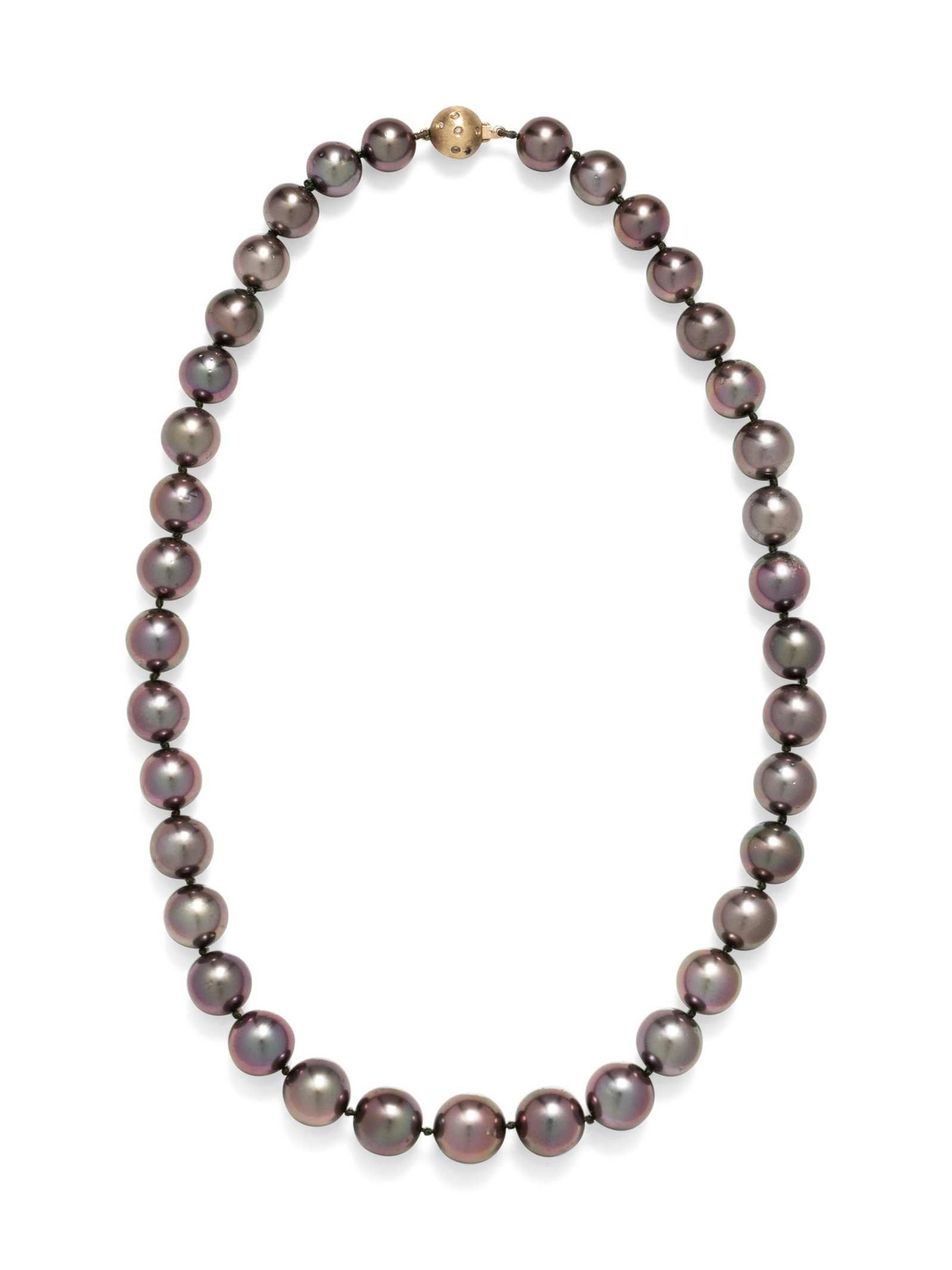 A 14 Karat Yellow Gold, Diamond and Cultured Tahitian: A 14 Karat Yellow Gold, Diamond and Cultured Tahitian Pearl Necklace, containing 37 Tahitian pearls measuring approximately 10.85-13.75 mm in diameter strung knotted with a yellow gold clasp containin