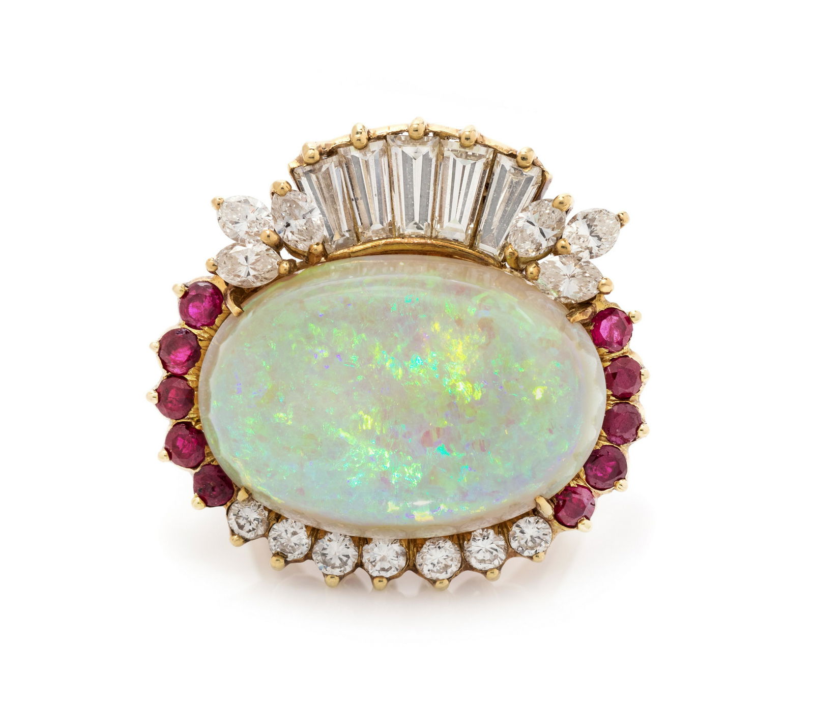 A Yellow Gold, Opal, Diamond and Ruby Ring, (1 of 2)