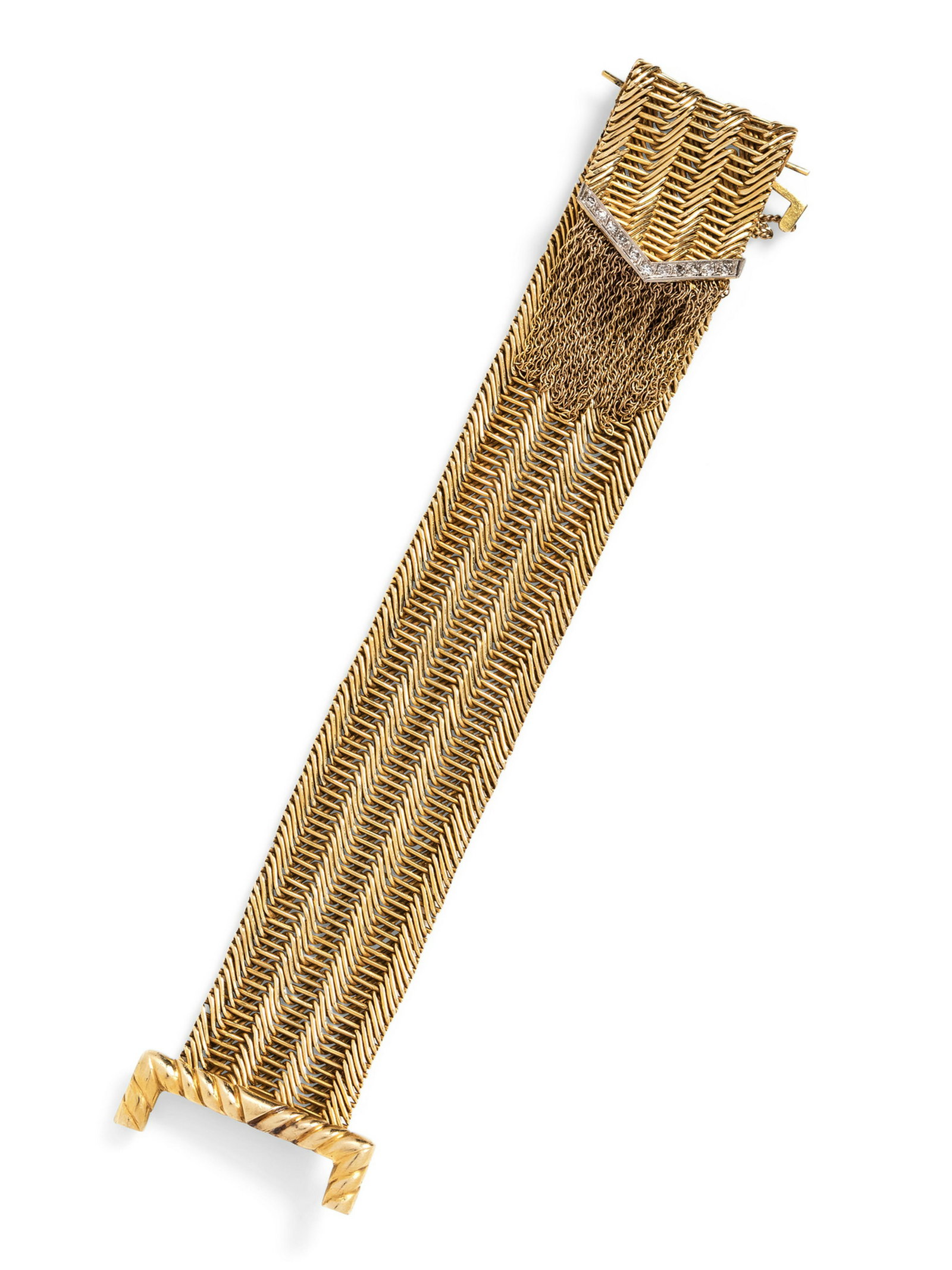 An 18 Karat Yellow Gold and Diamond Belt Motif: An 18 Karat Yellow Gold and Diamond Belt Motif Bracelet, consisting of a mesh link bracelet measuring approximately 28.00 mm wide and containing 11 single cut diamonds with wheat chain fringe. Stamp: 