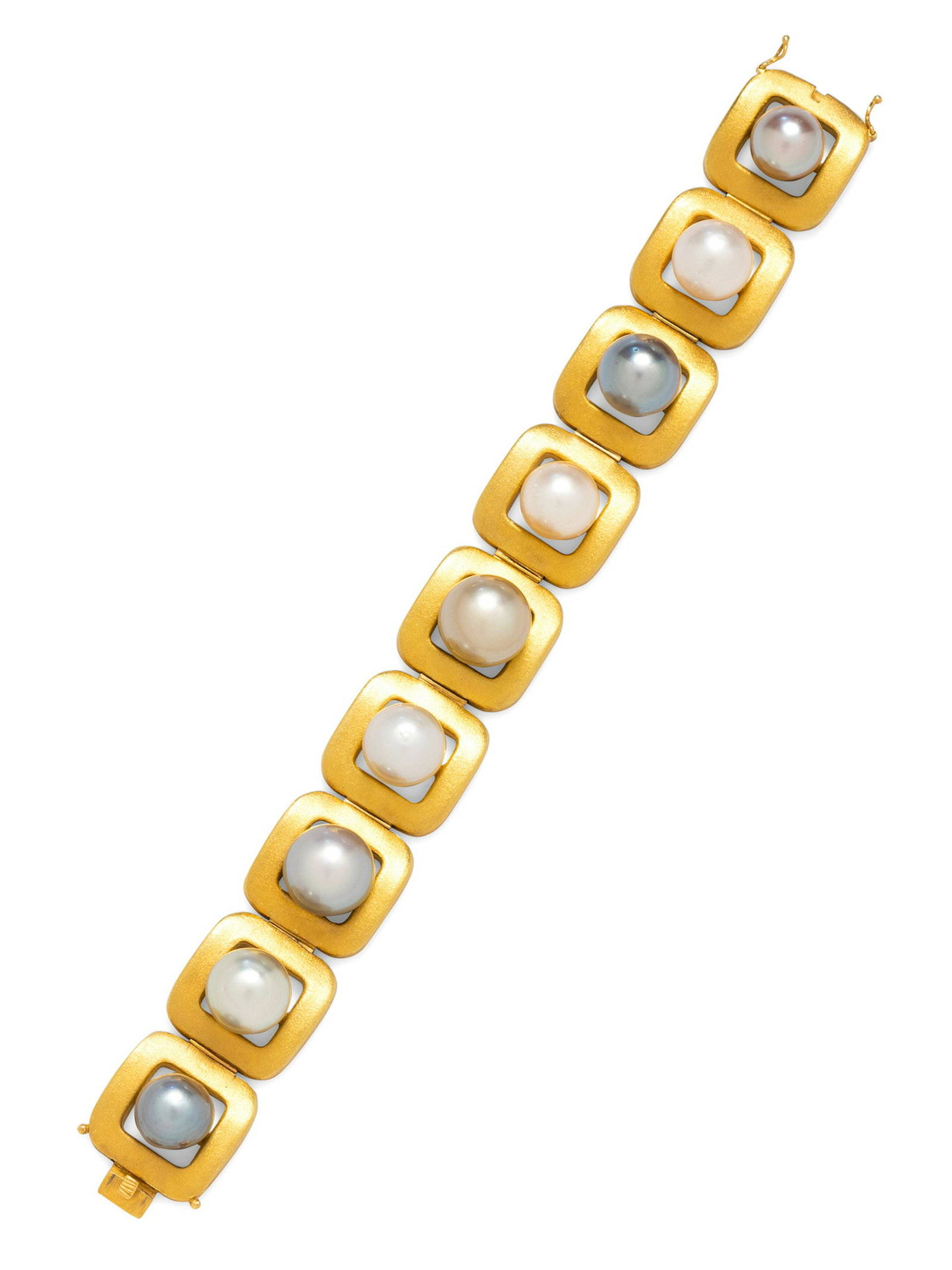 An 18 Karat Yellow Gold, Cultured Tahitian and South: An 18 Karat Yellow Gold, Cultured Tahitian and South Sea Pearl Bracelet, beta, containing nine Tahitian and South Sea pearls measuring approximately 11.82-14.35 mm in diameter. Stamp: beta AU a 70 18K