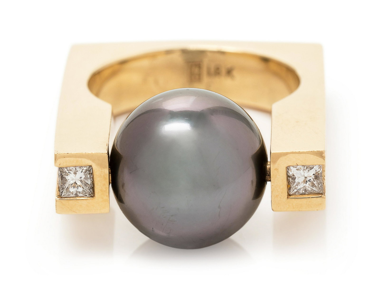 An 18 Karat Yellow Gold, Cultured Tahitian Pearl and: An 18 Karat Yellow Gold, Cultured Tahitian Pearl and Diamond Ring, containing one Tahitian pearl measuring approximately 13.05 mm in diameter and 22 princess cut diamonds weighing approximately 1.65 c