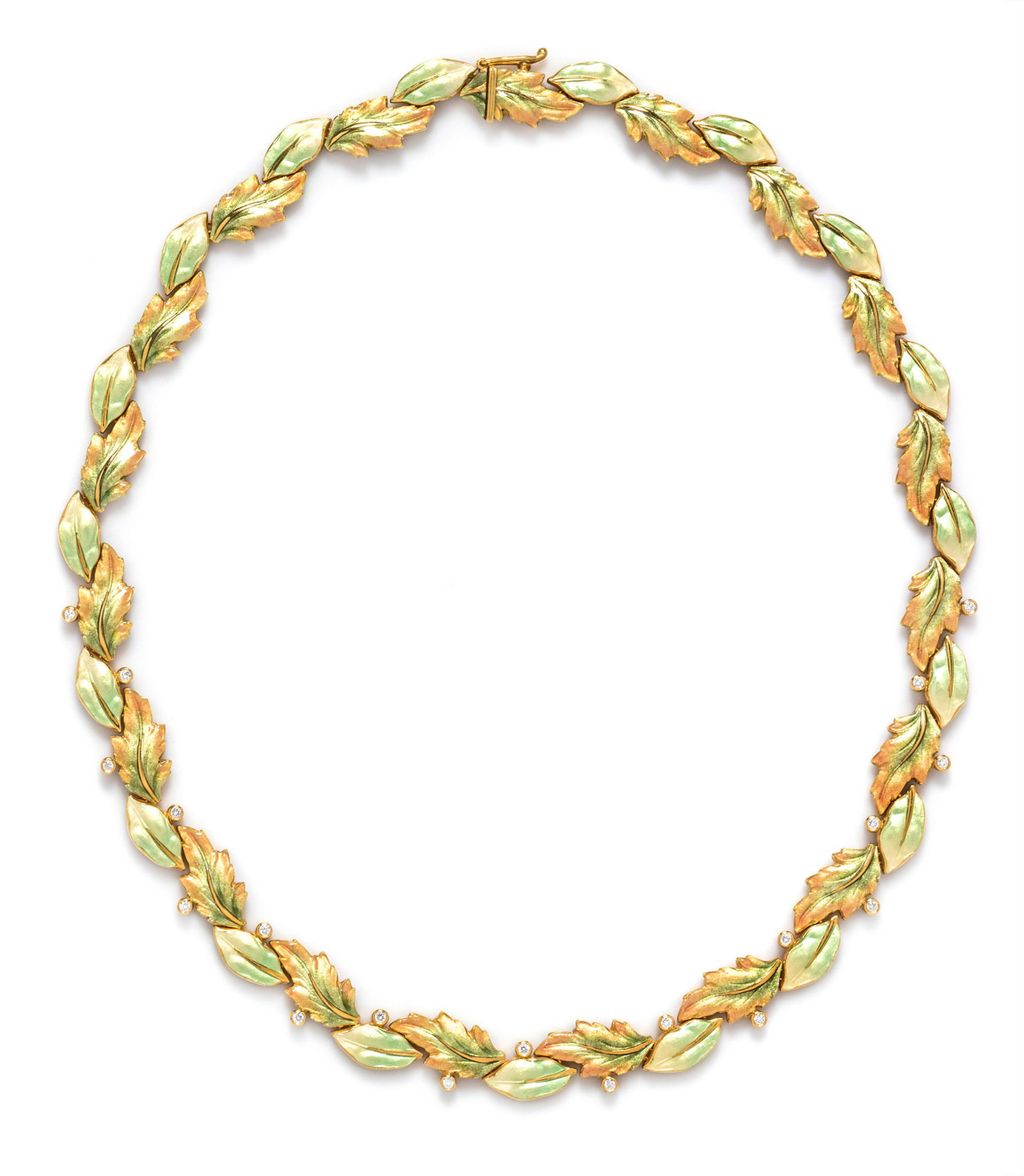 An 18 Karat Yellow Gold, Diamond and Polychrome Enamel: An 18 Karat Yellow Gold, Diamond and Polychrome Enamel Necklace, Masriera, containing 19 round brilliant cut diamonds weighing approximately 0.20 carat total. Stamp: 750 C-4157-C MASRIERA. 31.00 dwts.