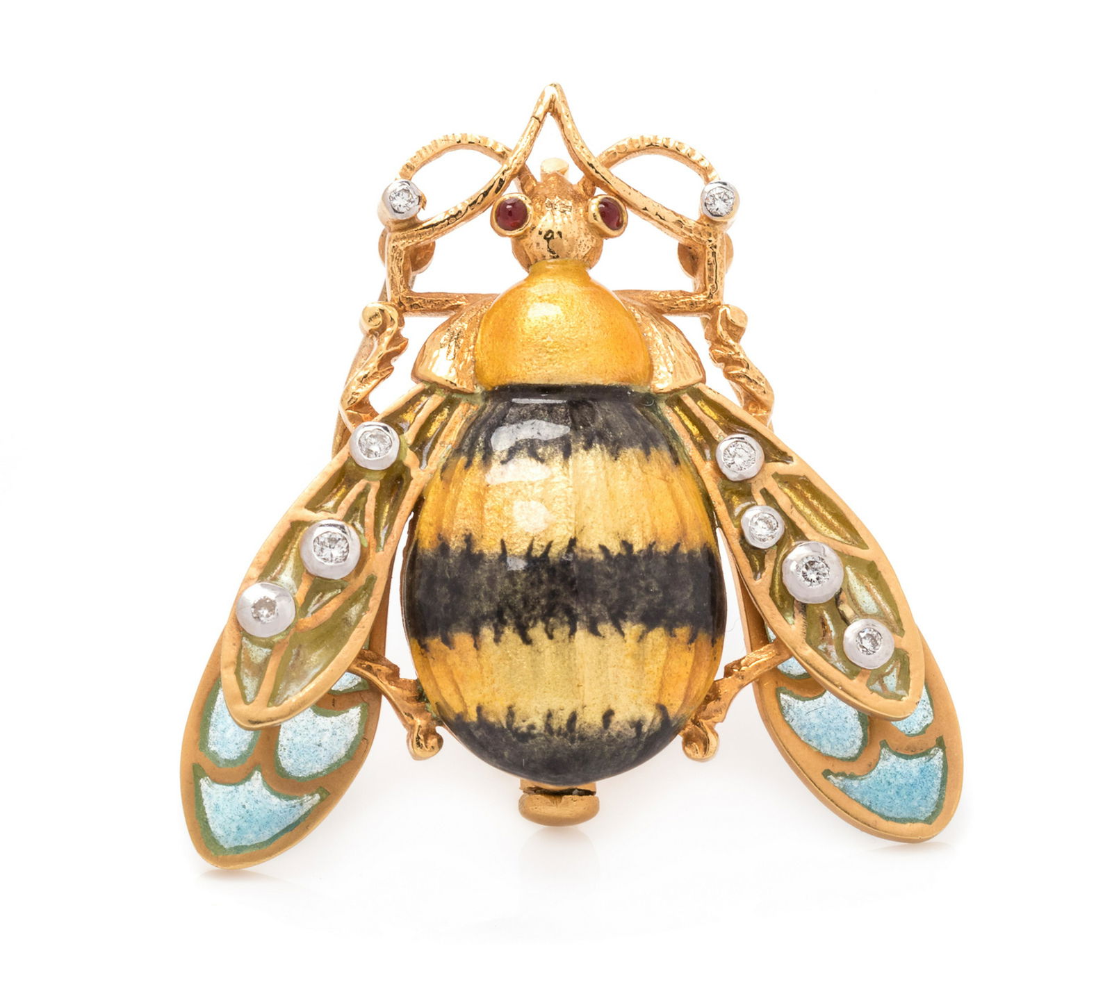 An 18 Karat Yellow Gold, Diamond and Plique-a-Jour Bee: An 18 Karat Yellow Gold, Diamond and Plique-a-Jour Bee Brooch, Masriera, containing 10 round brilliant cut diamonds weighing approximately 0.05 carat total, with a black and yellow enamel body and pli