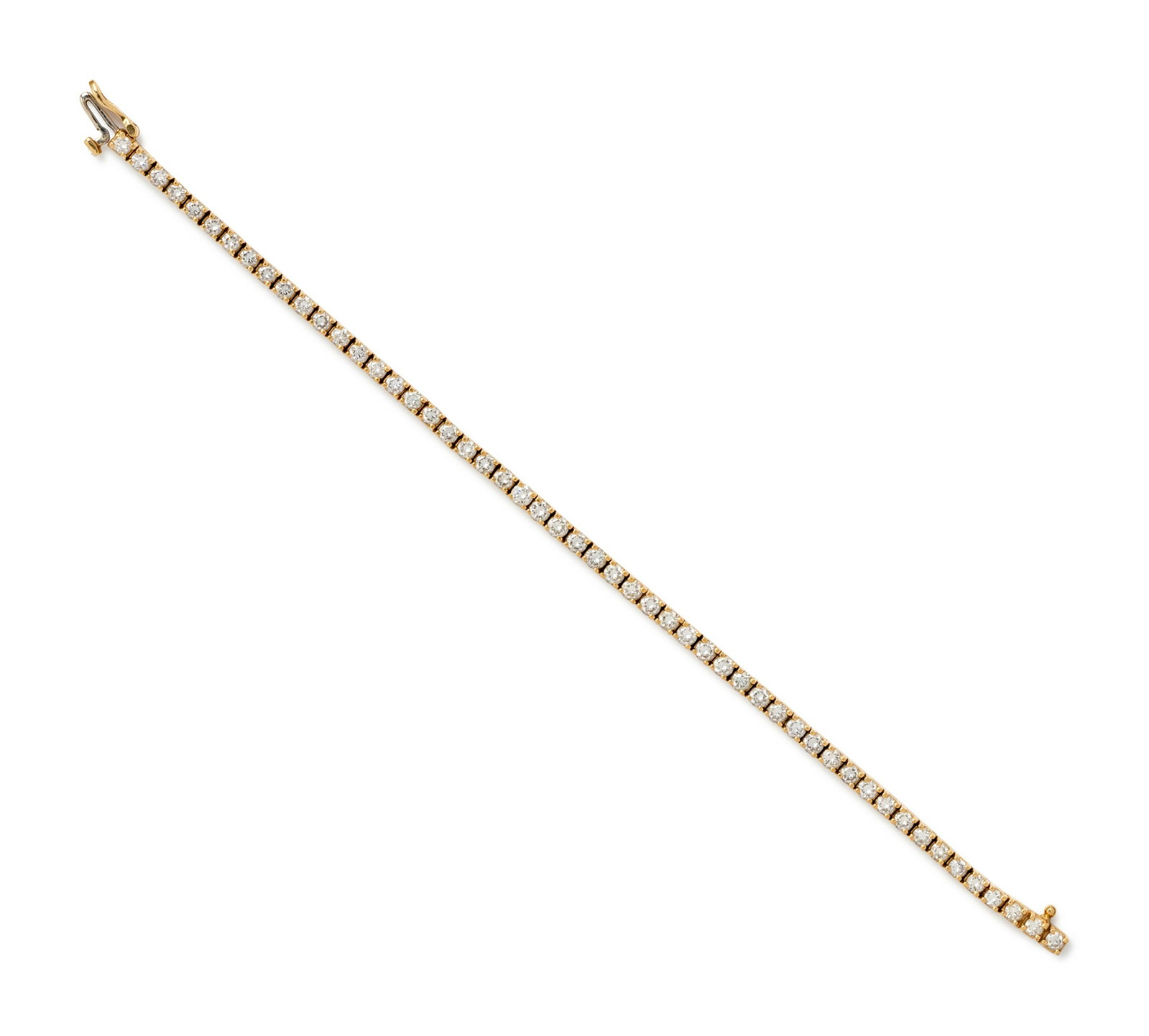 A 14 Karat Yellow Gold and Diamond Bracelet,: A 14 Karat Yellow Gold and Diamond Bracelet, containing 52 round brilliant cut diamonds weighing approximately 3.60 carats total. Stamp: 14K. 8.60 dwts.