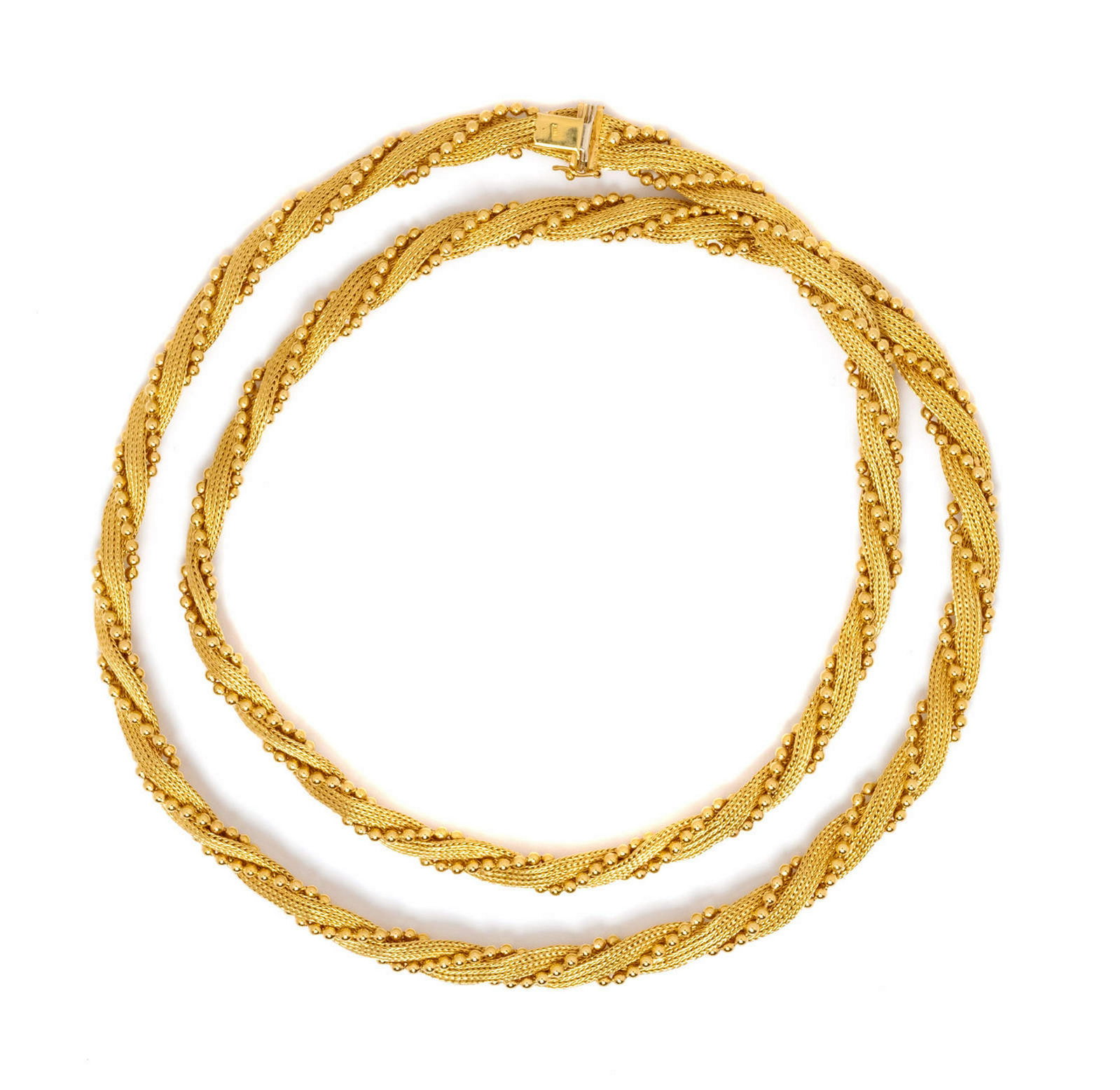 An 18 Karat Yellow Gold Necklace,: An 18 Karat Yellow Gold Necklace, consisting of a ball chain twisted with a woven wheat chain. Stamp: 18Kt. 63.30 dwts.