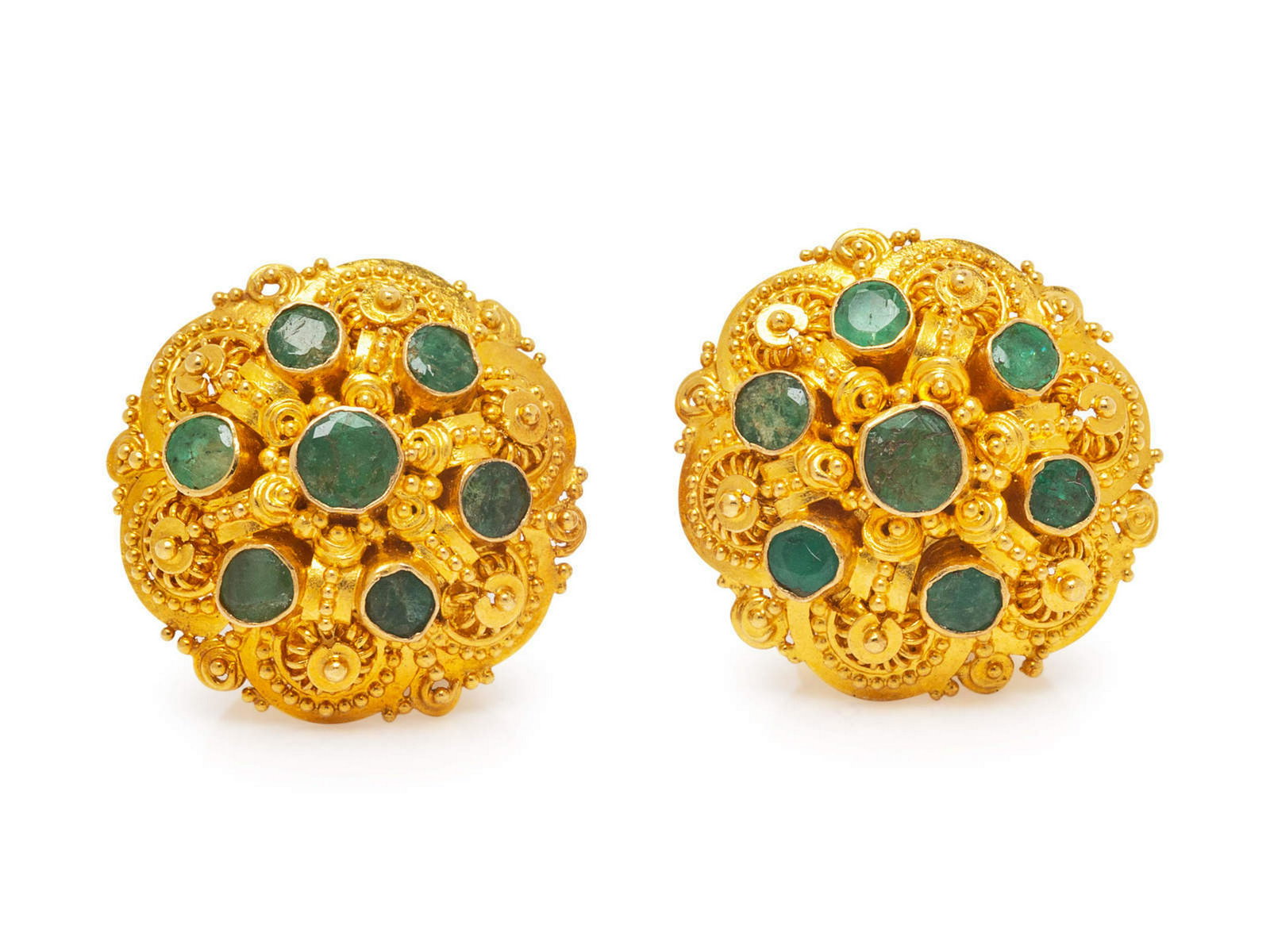 A Pair of Yellow Gold and Emerald Earrings,: A Pair of Yellow Gold and Emerald Earrings, containing 14 round mixed cut emeralds measuring approximately 2.15-3.20 mm in diameter, with applied texture and granulation detail. Back stamp: 22K. 5.20 