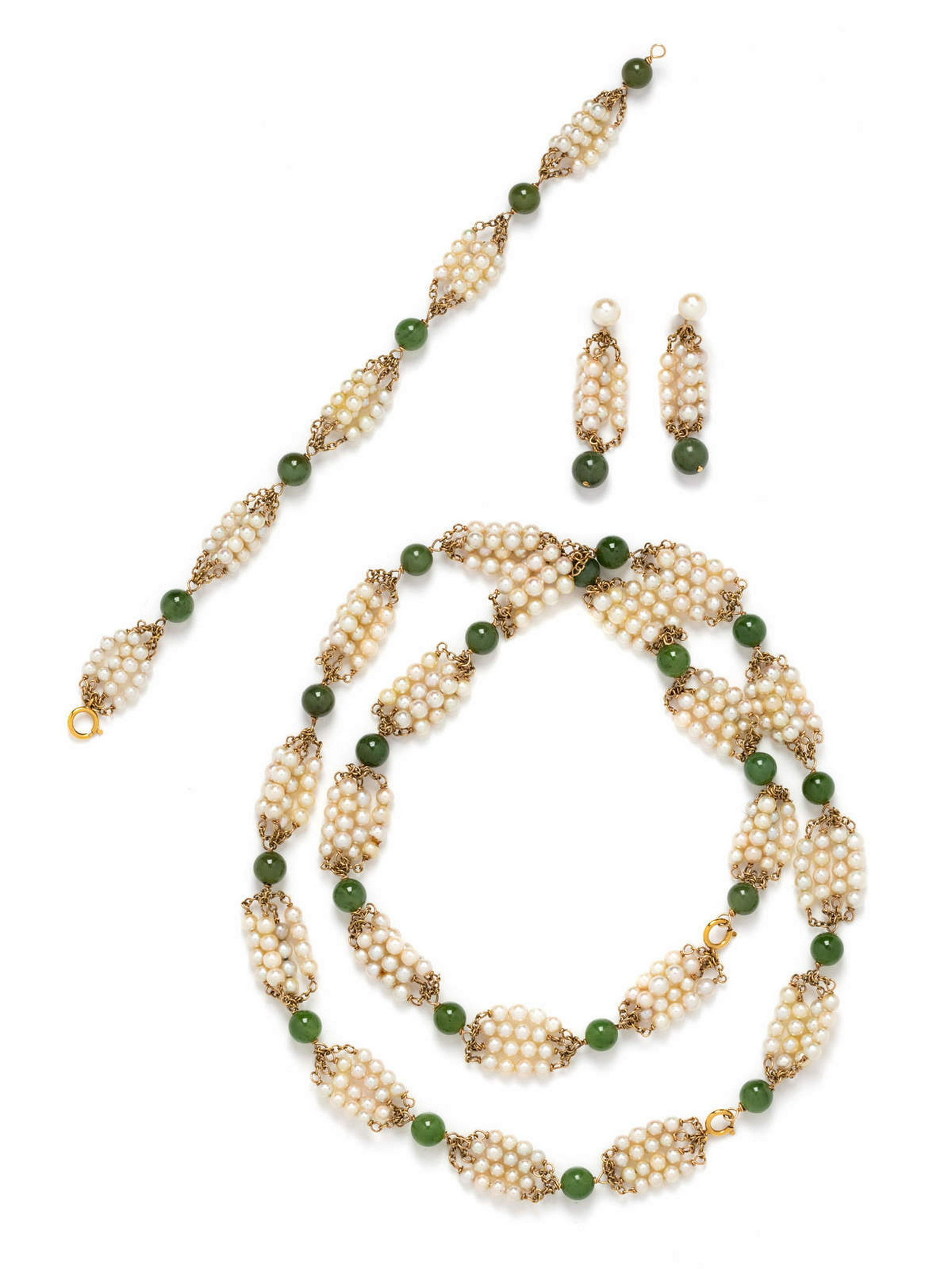 A 14 Karat Yellow Gold, Cultured Pearl and Nephrite: A 14 Karat Yellow Gold, Cultured Pearl and Nephrite Demi-Parure, consisting of a necklace which can be split into two chokers, a bracelet and a pair of drop earrings containing nephrite beads measurin