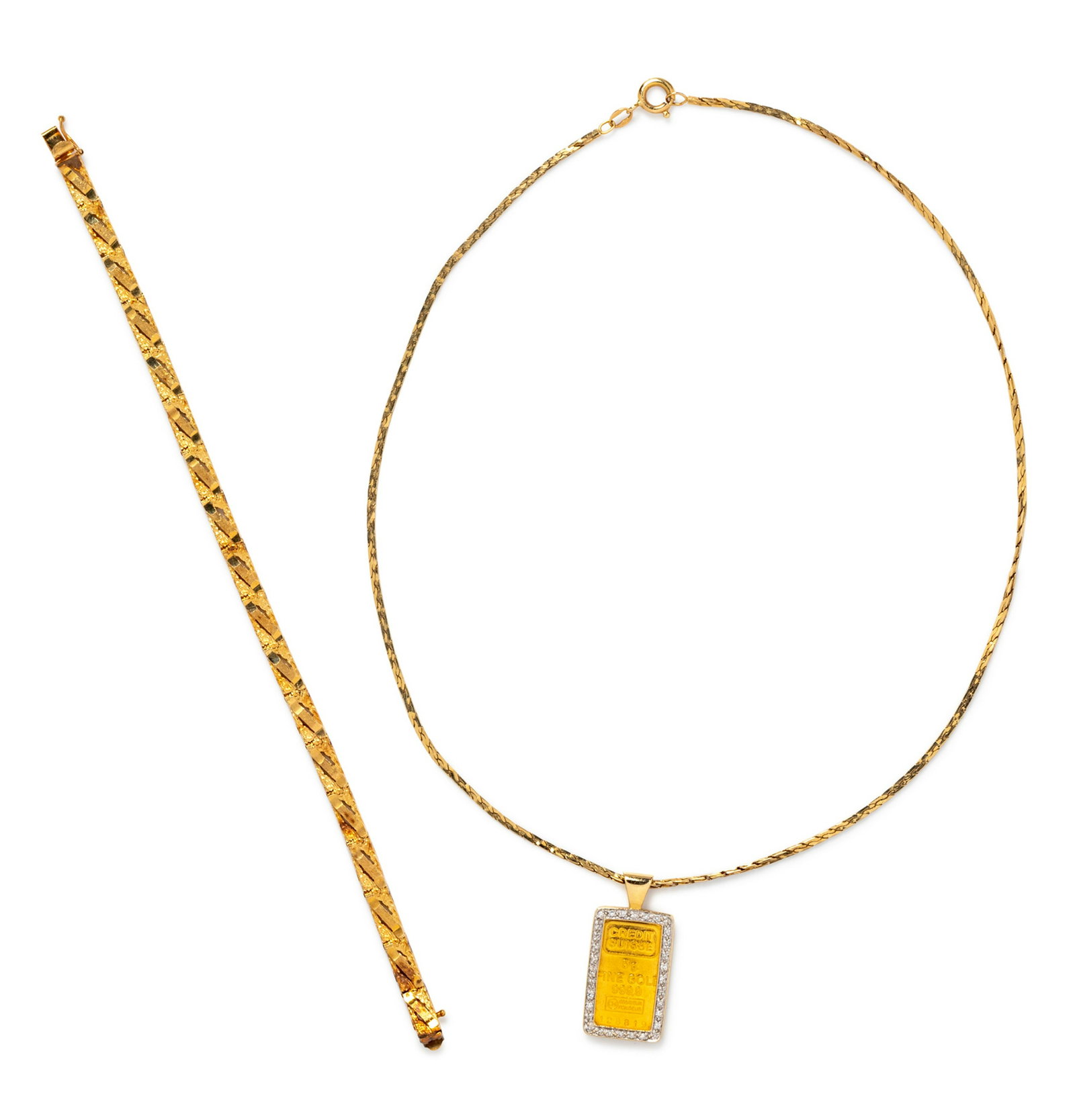 A Collection of 14 Karat Yellow Gold Jewelry,: A Collection of 14 Karat Yellow Gold Jewelry, consisting of a textured gold link bracelet, together with a pendant necklace containing one five gram gold bullion bar surrounded by 32 single cut diamon
