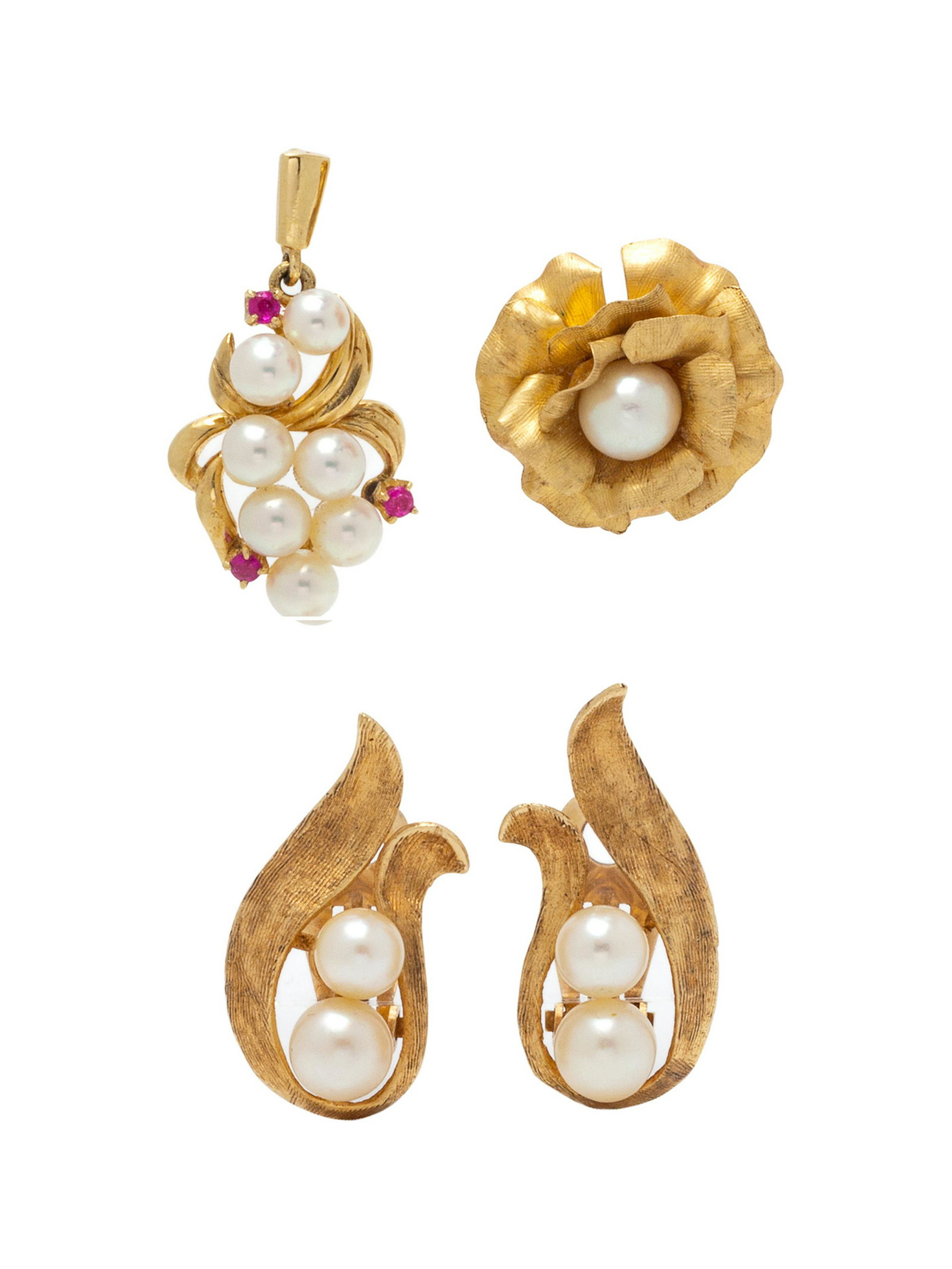 A Collection of 14 Karat Yellow Gold and Cultured Pearl: A Collection of 14 Karat Yellow Gold and Cultured Pearl Jewelry, consisting of a Mikimoto pendant containing seven pearls and three round mixed cut rubies, a pair of earclips containing four pearls, t