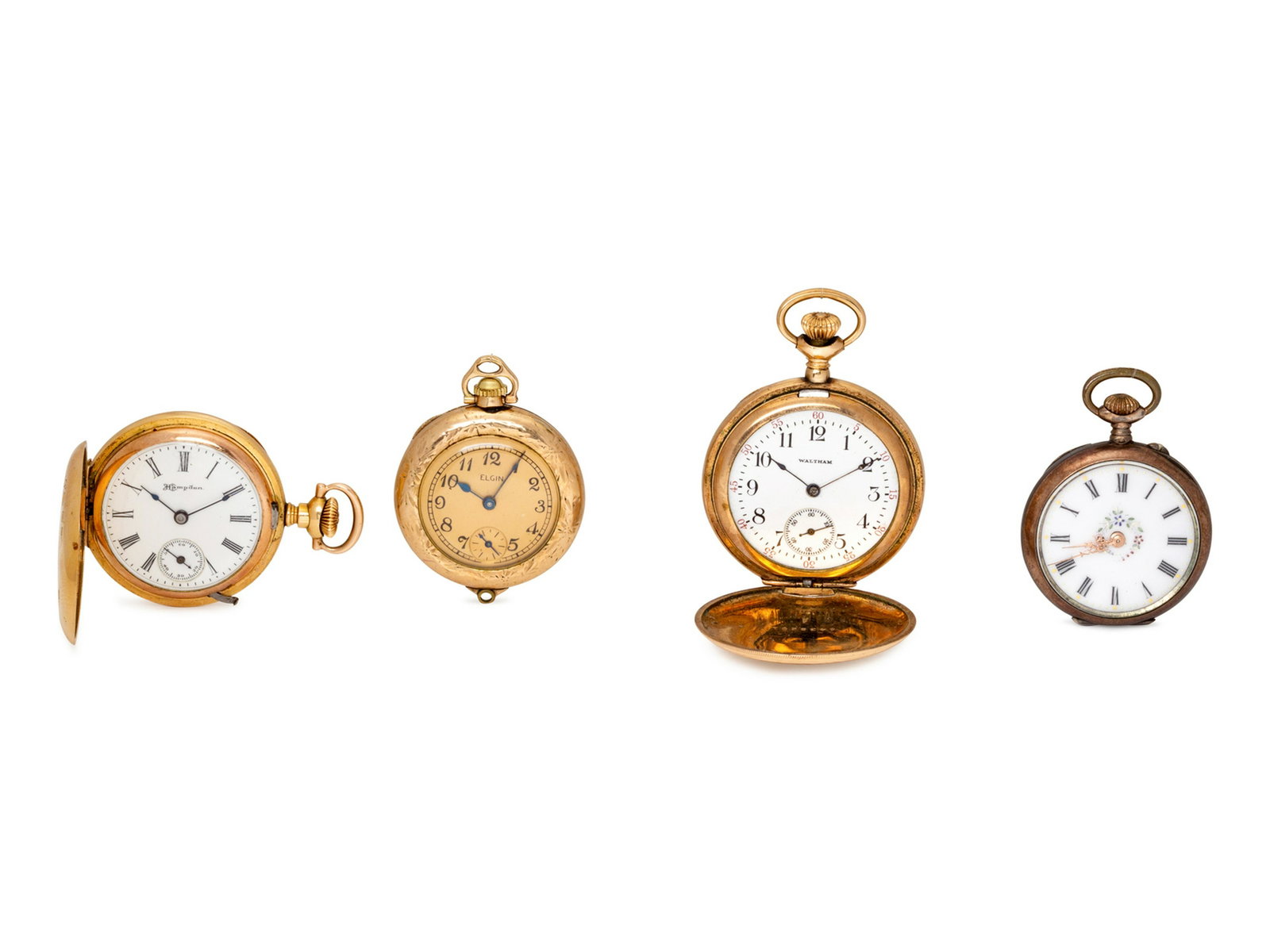 A Collection of Pocket Watches,: A Collection of Pocket Watches, consisting of a yellow gold hunter case Hampdan pocket watch, gold filled Elgin open face pocket watch, a gold filled hunter case Waltham pocket watch, together with a 