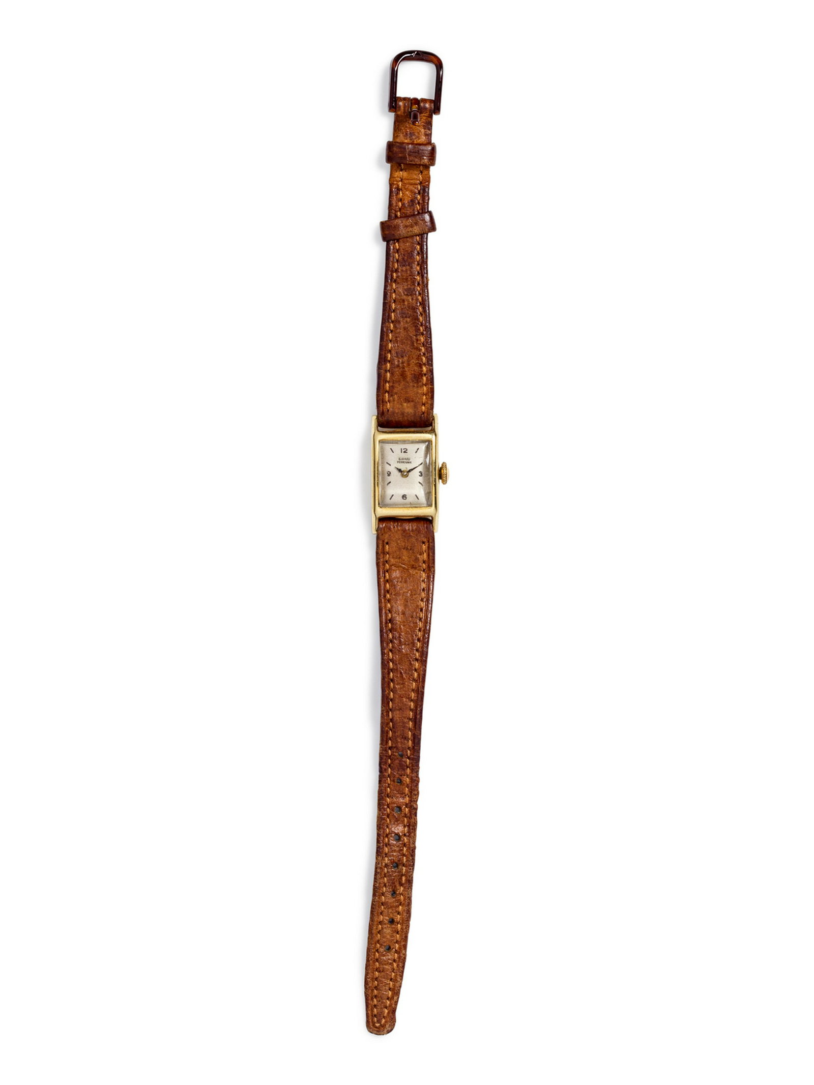 A 14 Karat Yellow Gold Wristwatch, Girard Perregaux,: A 14 Karat Yellow Gold Wristwatch, Girard Perregaux, 14.00 x 18.00 mm case dimension, matte white dial signed GIRARD PERREGAUX, baton and Arabic numerals, black lancette hands, snap on case back, 17 j