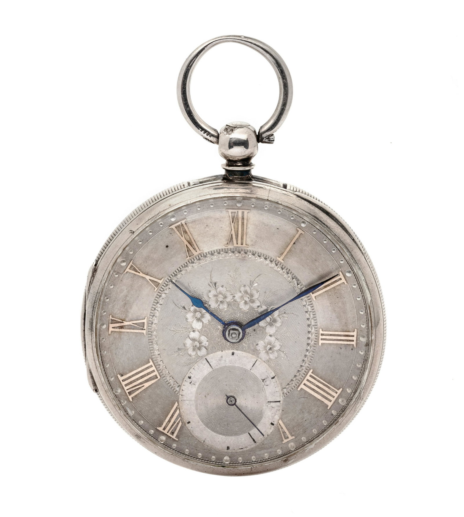 A Sterling Silver Open Face Pocket Watch, John Harris,: A Sterling Silver Open Face Pocket Watch, John Harris, 49.00 mm case diameter, intricately chased single-sunk dial with central floral motif, applied gold Roman numerals, blued steel Poire Stuart hand