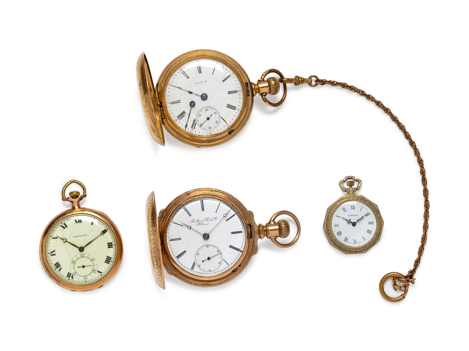 A Collection of Pocket Watches,: A Collection of Pocket Watches, consisting of an open face pocket watch with 44.00 mm case diameter, white dial signed HAMILTON, black Roman numerals, black Breguets hands, subdial for seconds at 6 o'