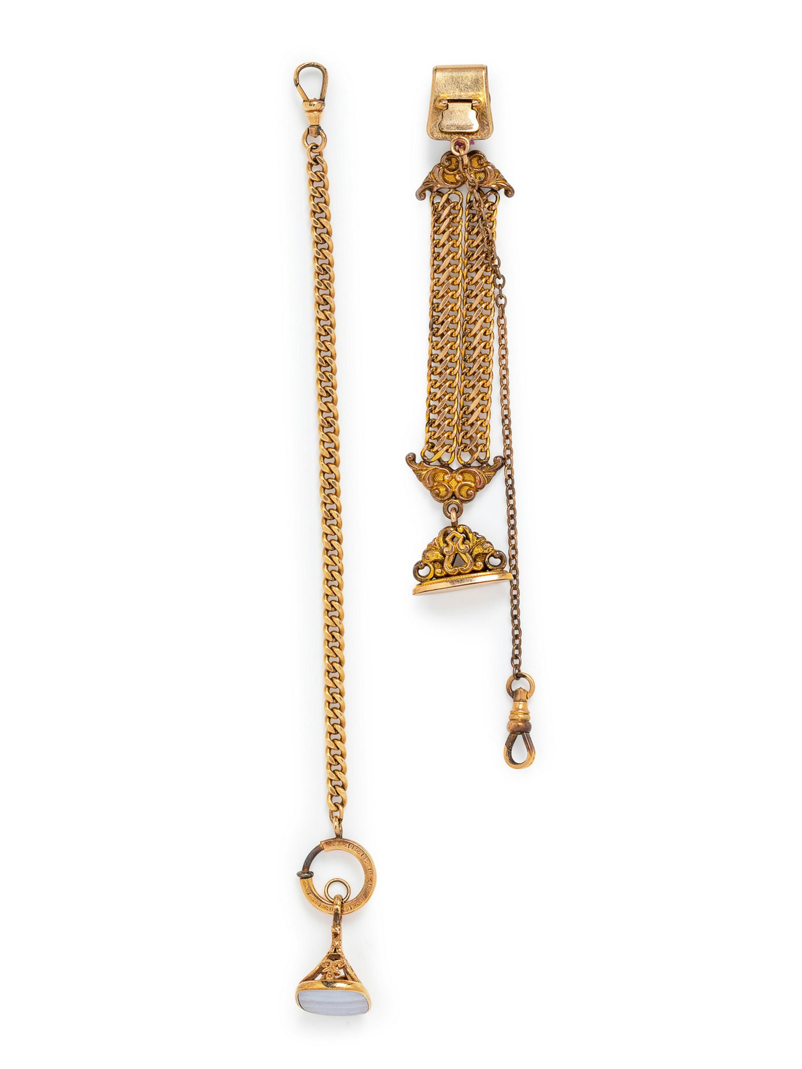 A Collection of Yellow Gold and Gold Filled Fob Chains: A Collection of Yellow Gold and Gold Filled Fob Chains and Accessories, consisting of a yellow gold and agate fob and curb link chain, together with a gold filled chatelaine fob chain. 24.40 dwts.
