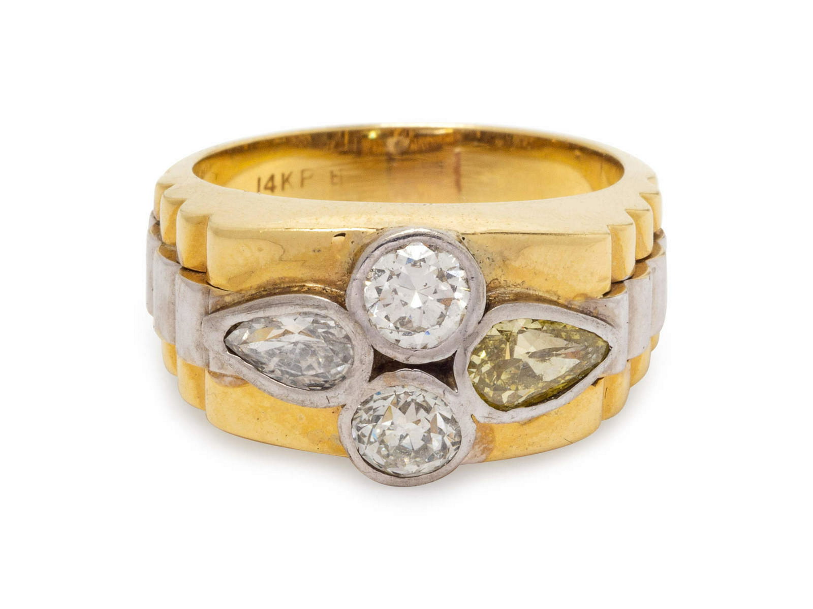 A 14 Karat Bicolor Gold, Diamond and Colored Diamond: A 14 Karat Bicolor Gold, Diamond and Colored Diamond Ring, containing one pear shape yellow diamond (origin of color not tested) weighing approximately 0.65 carat, one pear shape diamond weighing appr