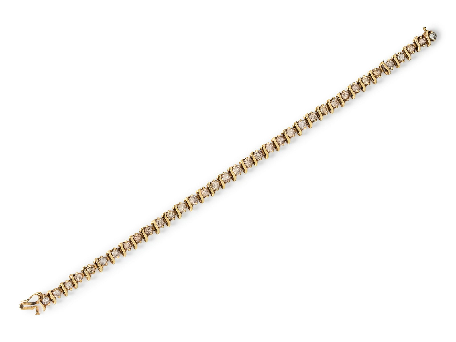 A 14 Karat Yellow Gold and Diamond Bracelet,: A 14 Karat Yellow Gold and Diamond Bracelet, containing 36 round brilliant cut diamonds weighing approximately 4.40 carats total. Stamp: 14K (maker's mark). 7.70 dwts.
