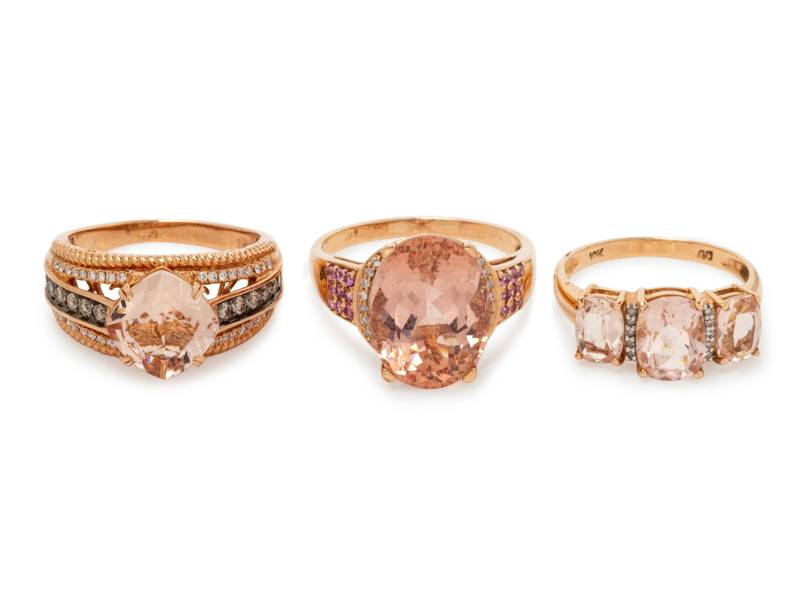 A Collection of Rose Gold, Morganite, Diamond and Pink: A Collection of Rose Gold, Morganite, Diamond and Pink Sapphire Rings, consisting of a 14 karat ring containing one oval shape morganite, 18 round mixed cut pink sapphires and 16 round brilliant cut d