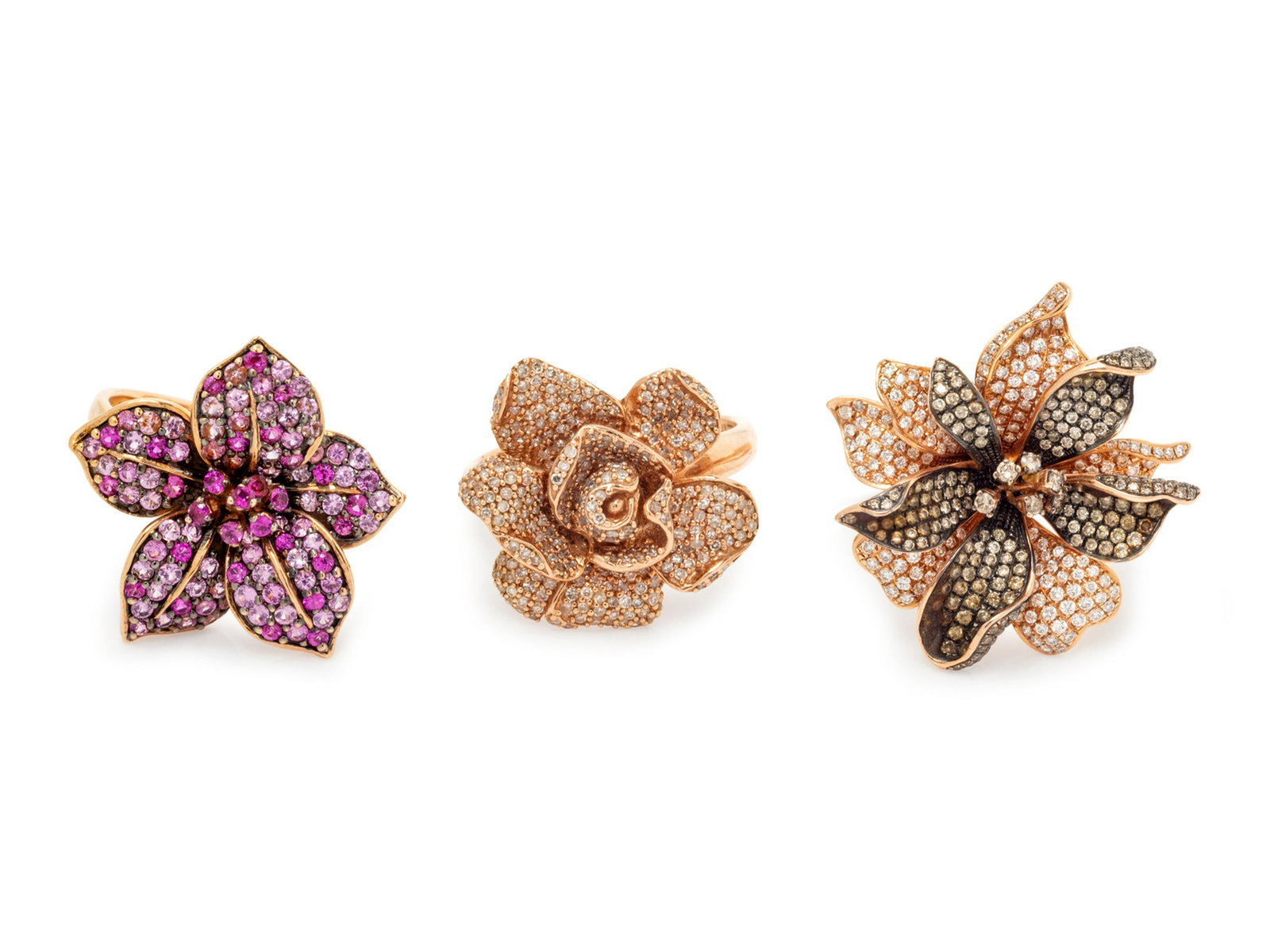 A Collection of Rose Gold and Diamond Flower Rings,: A Collection of Rose Gold and Diamond Flower Rings, consisting of a 14 karat ring by Levian containing 432 round brilliant cut diamonds and colored diamonds (origin of color not tested) weighing appro