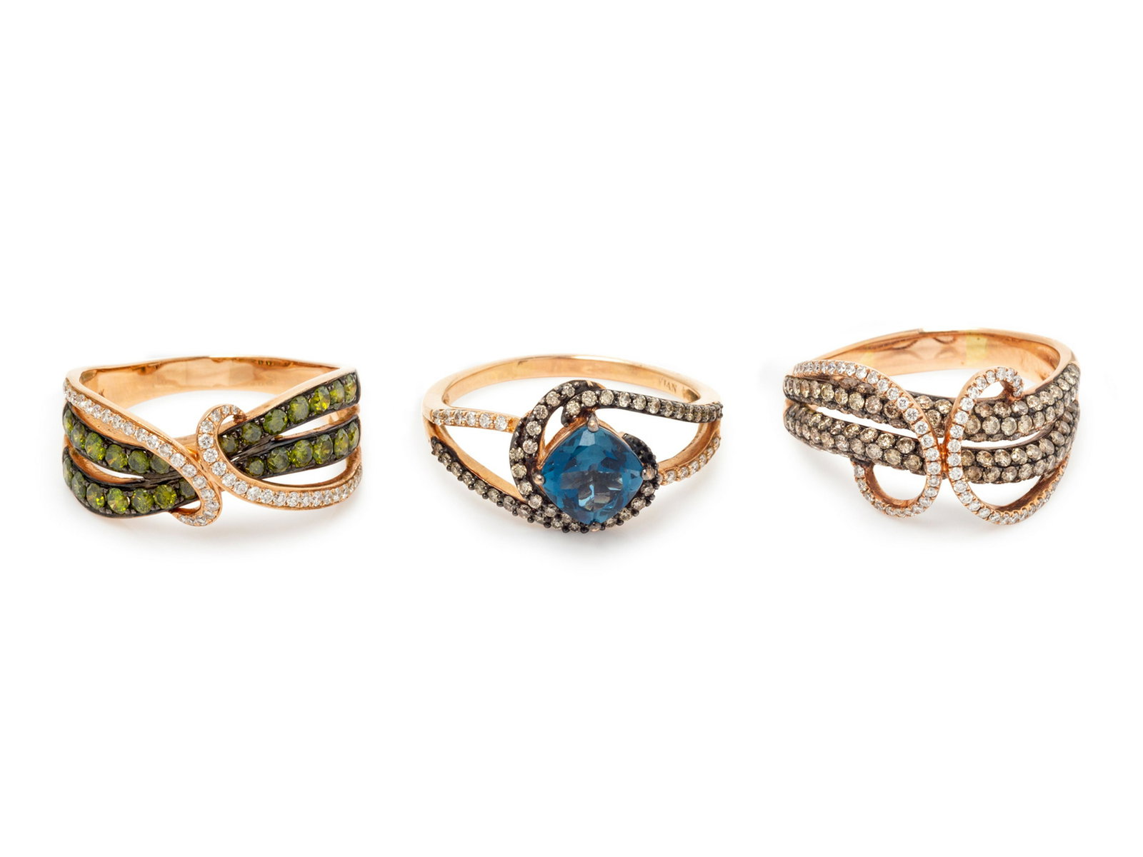 A Collection of Rose Gold and Diamond Rings,: A Collection of Rose Gold and Diamond Rings, consisting of a ring containing 60 round brilliant cut diamonds weighing approximately 0.15 carat total and 124 round brilliant cut colored diamonds (origi