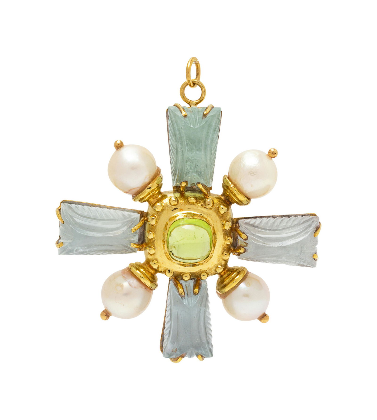 An 18 Karat Yellow Gold, Tourmaline, Cultured Pearl and: An 18 Karat Yellow Gold, Tourmaline, Cultured Pearl and Carved Hardstone Pendant/Brooch, MAZ, containing one cushion shape cabochon cut tourmaline measuring approximately 6.55 x 6.55 mm, four pearls m