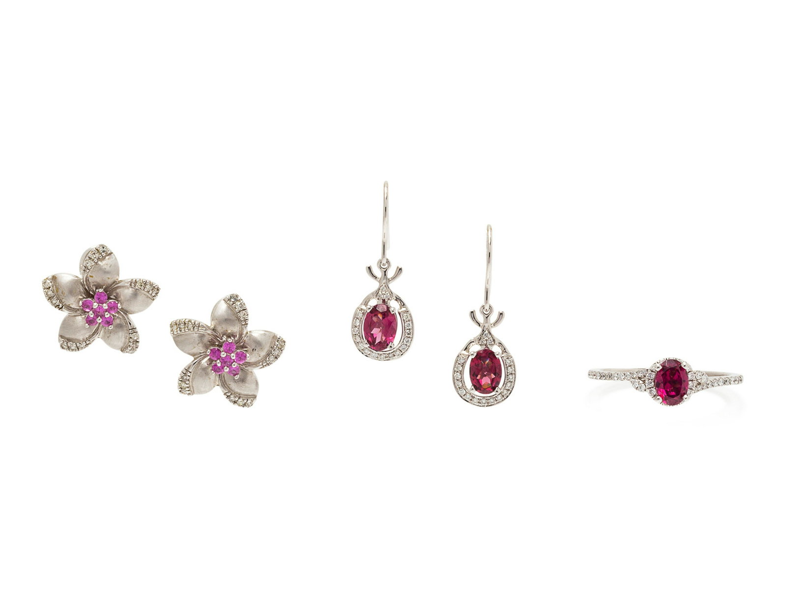A Collection of White Gold and Multigem Jewelry,: A Collection of White Gold and Multigem Jewelry, consisting of a ring containing one oval shape garnet and 53 round brilliant cut diamonds weighing approximately 0.25 carat total, a pair of earrings c