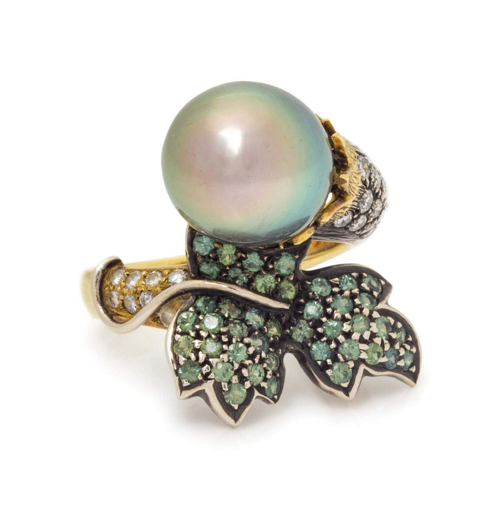 An 18 Karat Yellow Gold, Silver, Cultured Pearl,: An 18 Karat Yellow Gold, Silver, Cultured Pearl, Diamond and Green Sapphire Ring, Adler, containing one grey pearl measuring approximately 11.55 mm in diameter, 29 round brilliant cut diamonds weighin