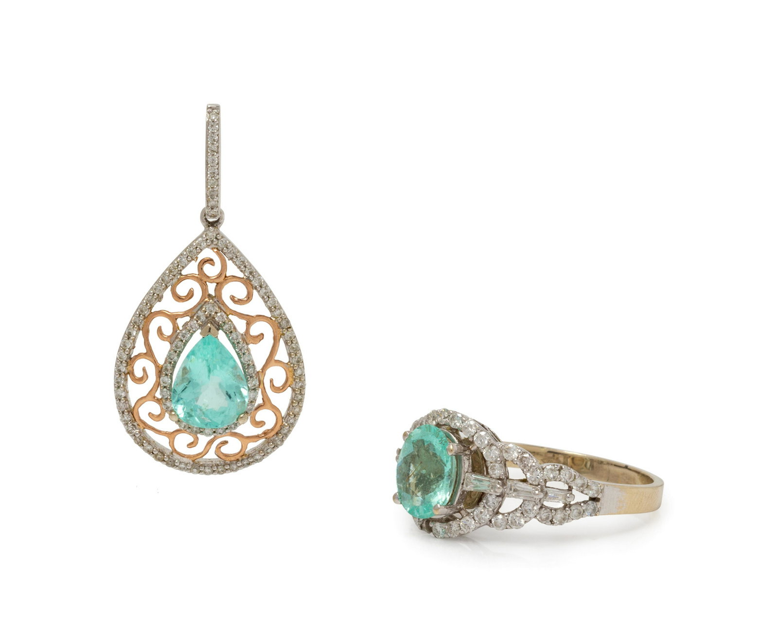 A Collection of White Gold, Tourmaline and Diamond: A Collection of White Gold, Tourmaline and Diamond Jewelry, consisting of a ring containing one oval shape blue zircon, six tapered baguette and 47 round brilliant cut diamonds weighing approximately 