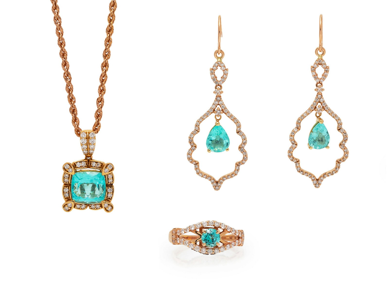 A Collection of Rose Gold, Tourmaline and Diamond: A Collection of Rose Gold, Tourmaline and Diamond Jewelry, consisting of a 14 karat ring by Le Vian containing one round tourmaline and 48 round brilliant cut diamonds and colored diamonds (origin of 