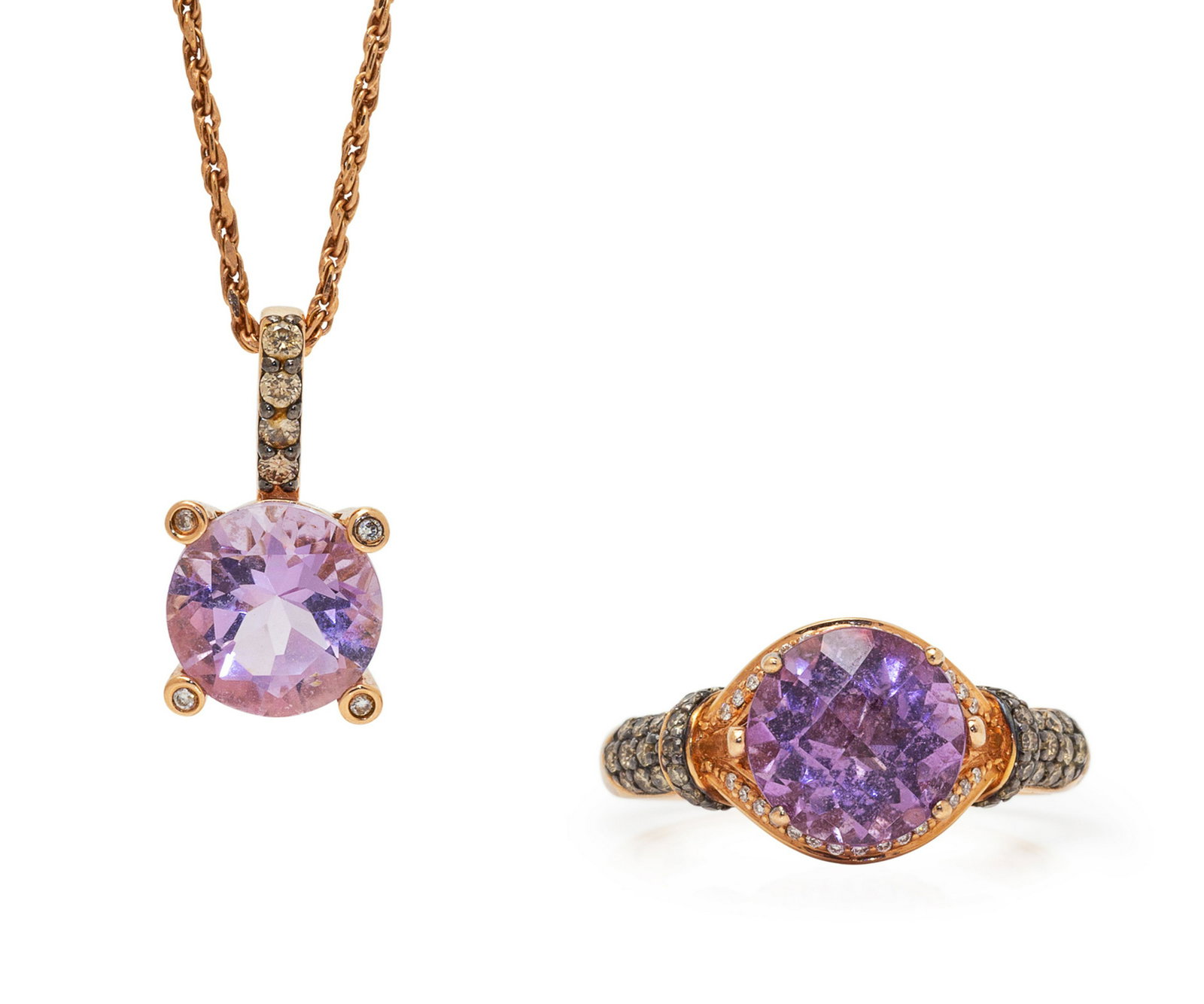 A Collection of 14 Karat Rose Gold, Amethyst, Diamond: A Collection of 14 Karat Rose Gold, Amethyst, Diamond and Colored Diamond Jewelry, Le Vian, consisting of a ring containing one round checkerboard cut amethyst and 70 round brilliant cut diamonds and 