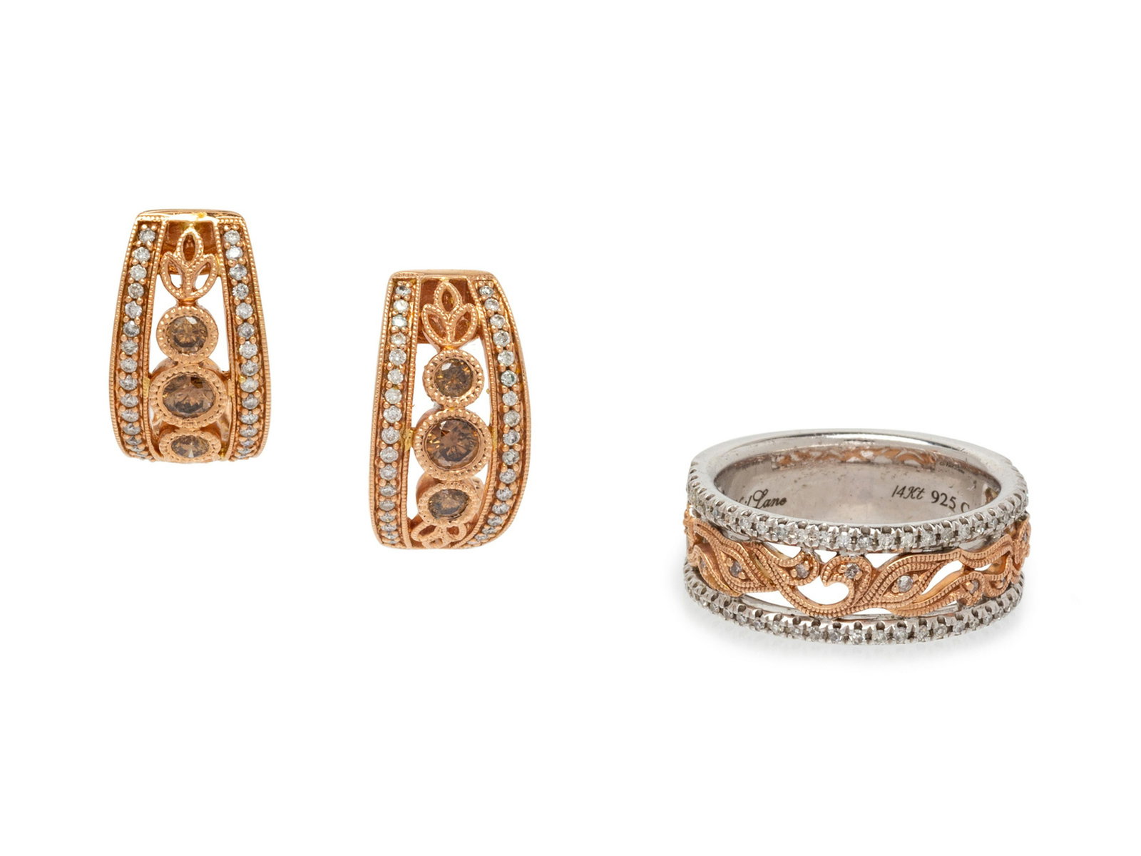A Collection of 14 Karat Rose Gold, Sterling Silver,: A Collection of 14 Karat Rose Gold, Sterling Silver, Colored Diamond and Diamond Jewelry, consisting of a rose gold and sterling silver ring by Neil Lane containing 68 single cut diamonds weighing app