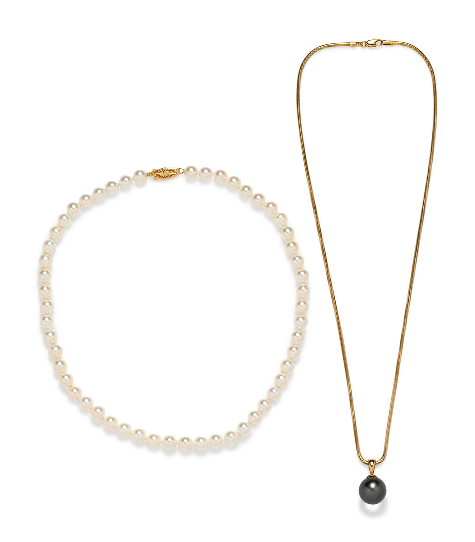 A Collection of 14 Karat Yellow Gold and Cultured Pearl: A Collection of 14 Karat Yellow Gold and Cultured Pearl Jewelry, consisting of an Italian snake chain necklace, a pendant containing one Tahitian pearl measuring approximately 13.10 mm in diameter, to