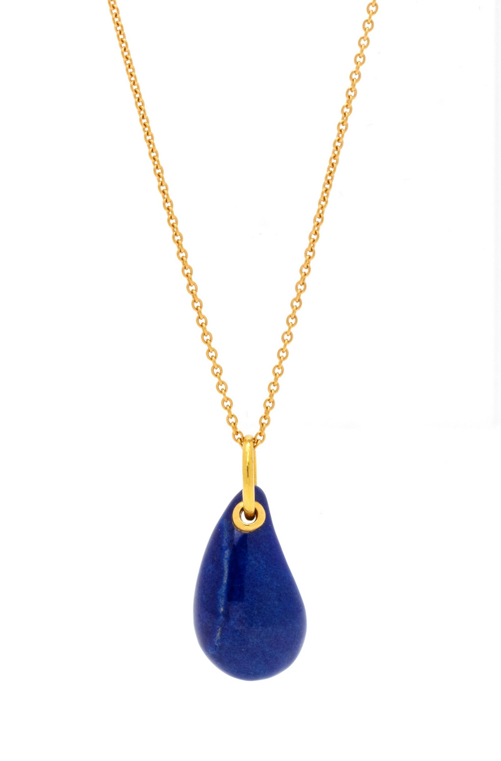 An 18 Karat Yellow Gold 'Teardrop' Lapis Lazuli: An 18 Karat Yellow Gold 'Teardrop' Lapis Lazuli Pendant/Necklace, Elsa Peretti for Tiffany & Co., consisting of an organic sculptural carved lapis lazuli pendant suspended from a cable link chain. Cha