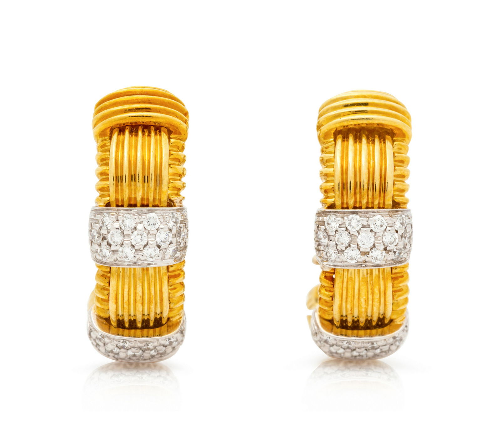 A Pair of 18 Karat Bicolor Gold and Diamond: A Pair of 18 Karat Bicolor Gold and Diamond 'Appasionata' Hoop Earclips, Roberto Coin, in an alternating woven design, four sections containing 52 round brilliant cut diamonds weighing approximately 0