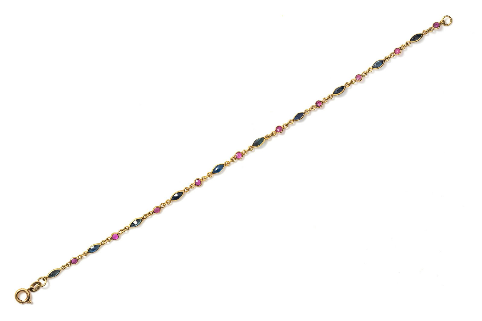 A 14 Karat Yellow Gold, Sapphire and Ruby Bracelet,: A 14 Karat Yellow Gold, Sapphire and Ruby Bracelet, containing 10 marquise cut sapphires and 10 round mixed cut rubies. Stamp: 14K 585. 1.40 dwts.