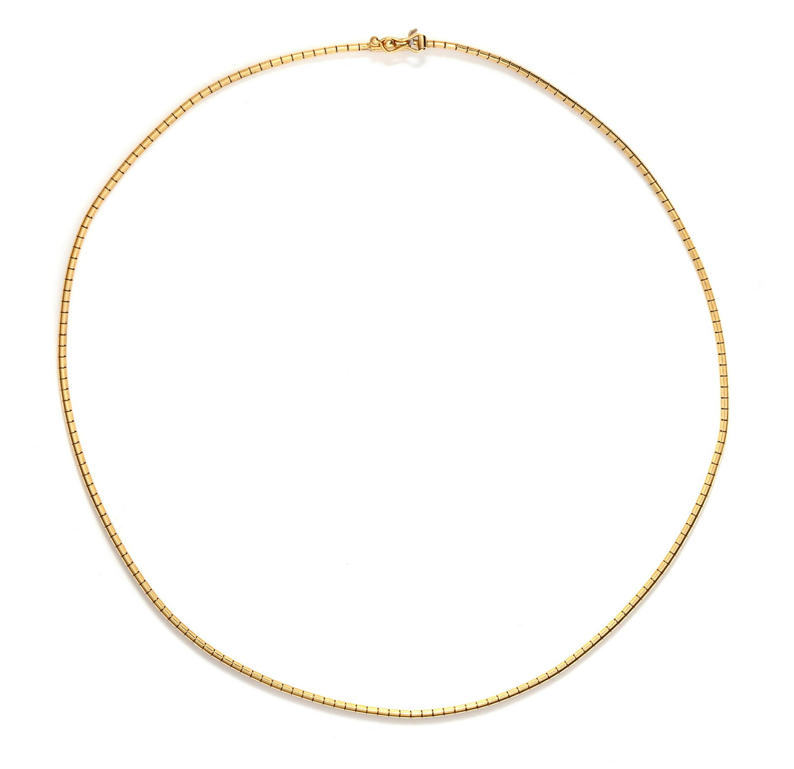 A 14 Karat Yellow Gold Necklace, Italian,: A 14 Karat Yellow Gold Necklace, Italian, consisting of an omega necklace measuring approximately 2.70 mm wide. Stamp: JV 14KT ITALY. 8.55 dwts.