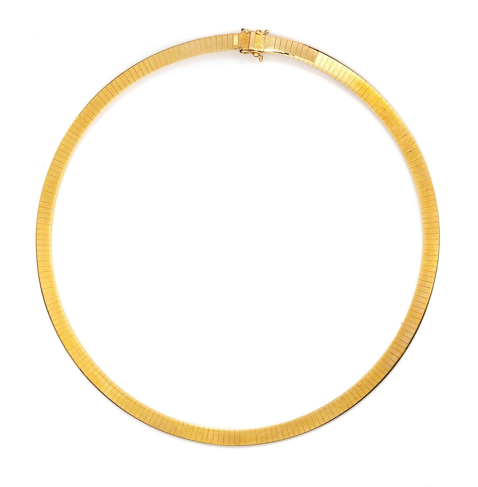 A 14 Karat Yellow Gold Collar Necklace, Italian,: A 14 Karat Yellow Gold Collar Necklace, Italian, consisting of an omega chain necklace measuring approximately 6.00 mm wide. Stamp: 14Kt ITALY Aurafin. 24.80 dwts.