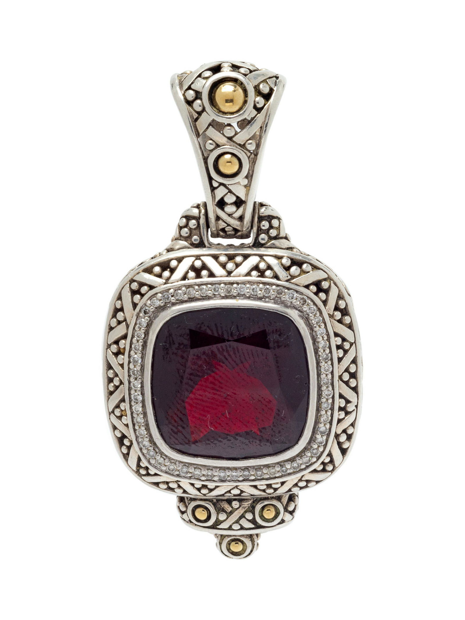 A Sterling Silver, 18 Karat Yellow Gold, Garnet and: A Sterling Silver, 18 Karat Yellow Gold, Garnet and Diamond 'Batu Sari' Pendant, John Hardy, containing one cushion shape garnet measuring approximately 14.50 x 14.50 x 7.40 mm and 51 round brilliant