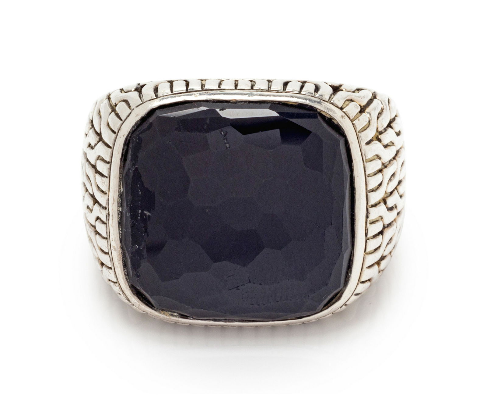 A Sterling Silver and Onyx 'Classic Chain' Ring, John: A Sterling Silver and Onyx 'Classic Chain' Ring, John Hardy, containing one cushion shape mixed cut onyx measuring approximately 17.80 x 18.30 mm. Stamp: (maker's mark) 925. 14.70 dwts.