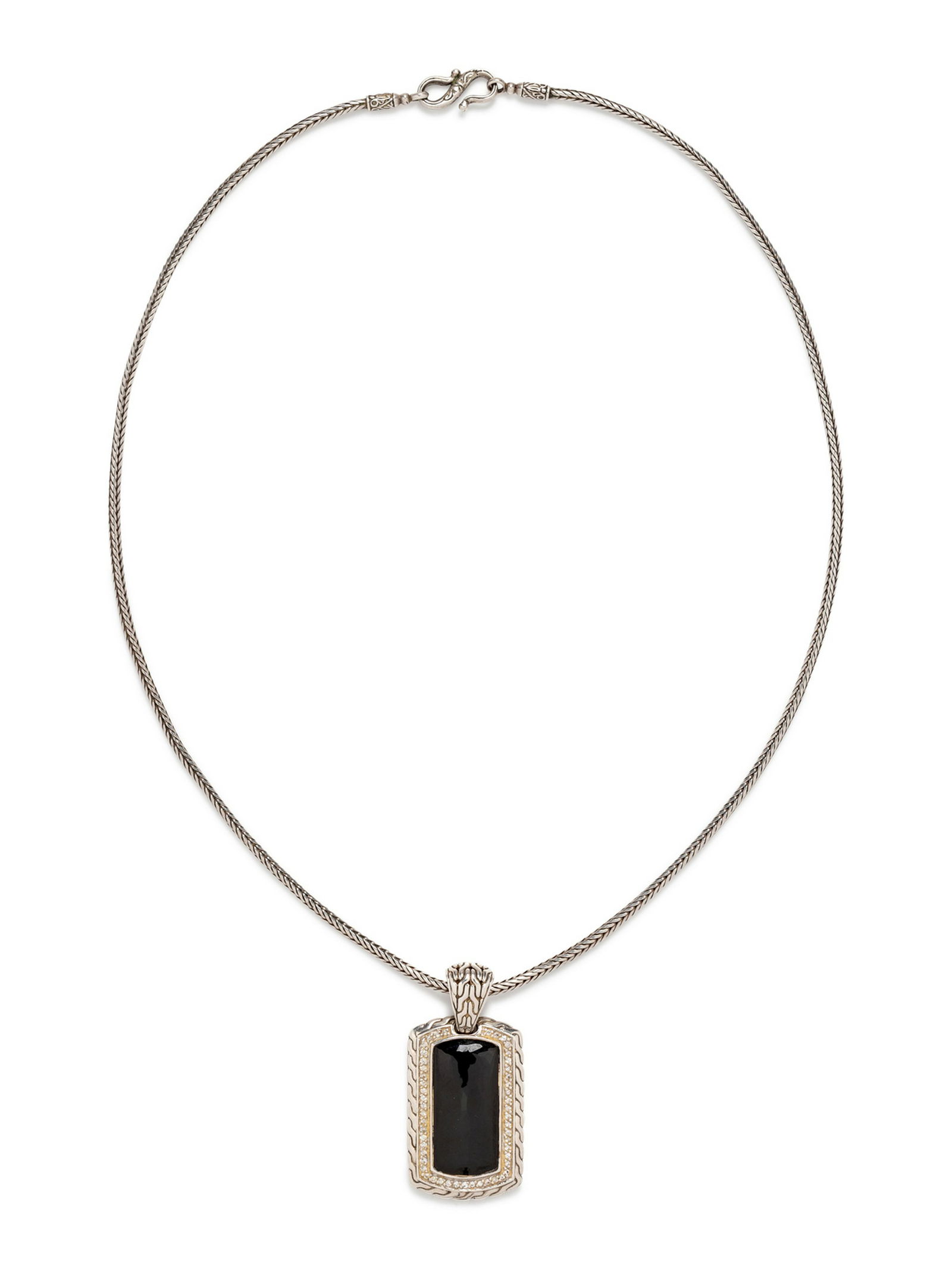 A Sterling Silver, Onyx and Diamond 'Classic Chain': A Sterling Silver, Onyx and Diamond 'Classic Chain' Pendant/Necklace, John Hardy, consisting of a pendant containing one cushion shape mixed cut onyx measuring approximately 32.00 x 15.10 mm and 50 ro